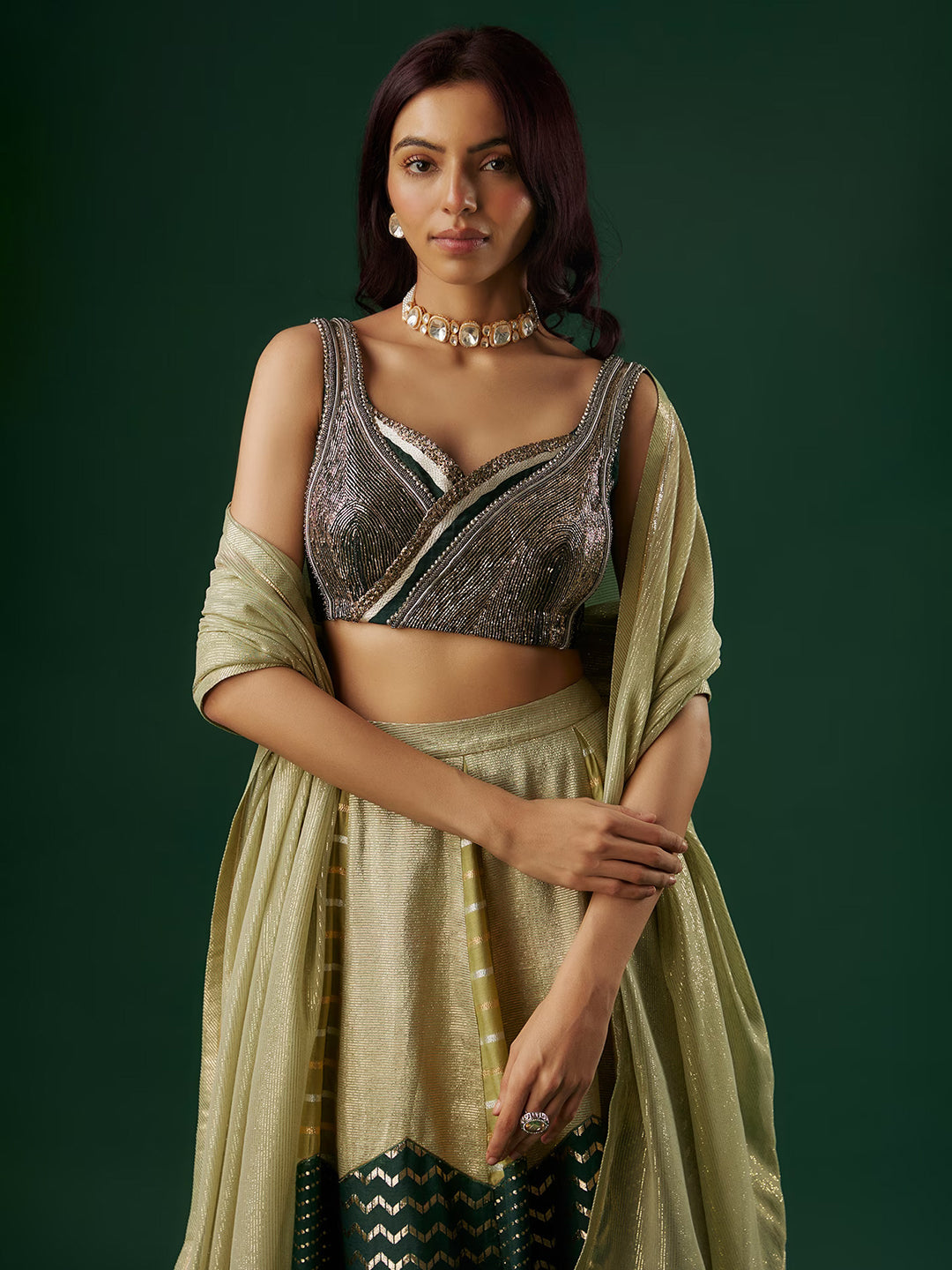 Green Brocade Chanderi Dabka Embroidered Tiered Lehenga Set