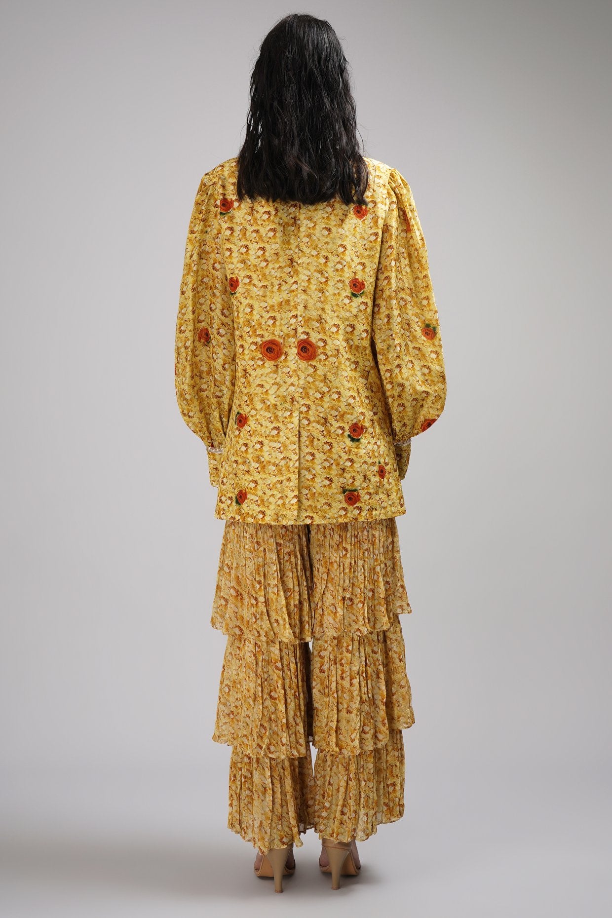 Sweetheart Neck Bustier Blouse Light Sharara Set Paired With A Stylised Jacket.