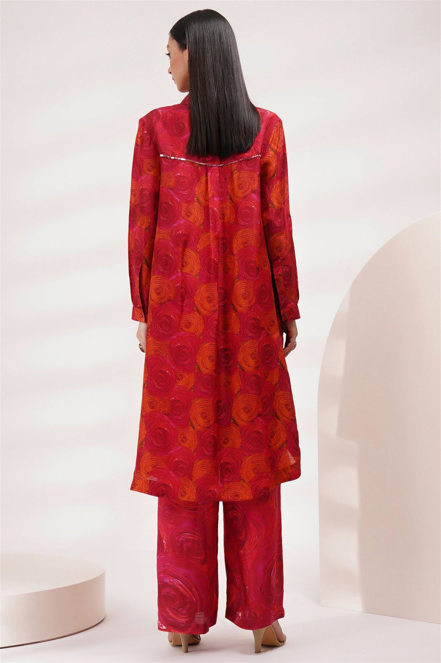 Round Neck Cuffed Sleeve Tunic With Pants Coord Set.