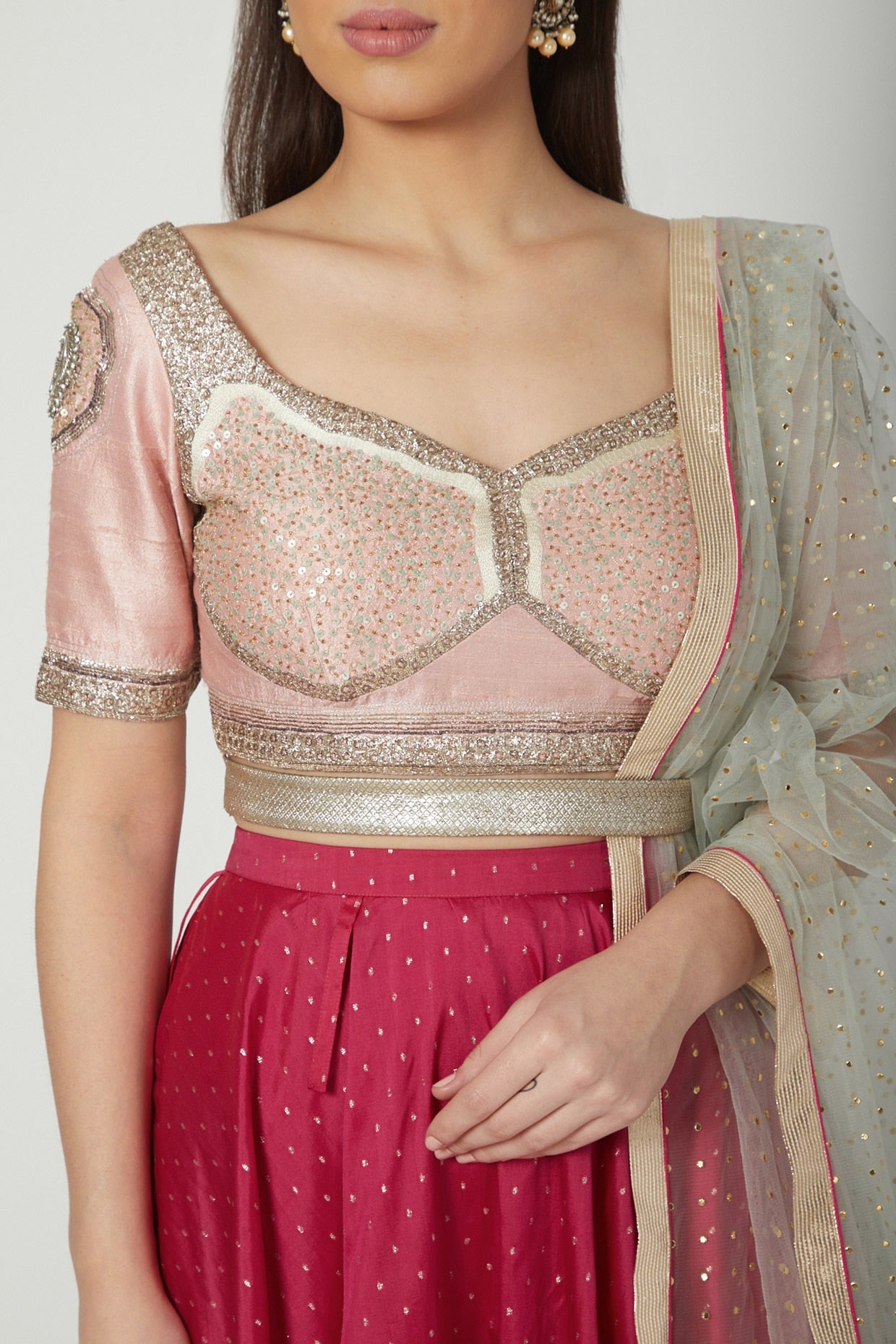 Blush Pink Embroidered Lehenga Set With Belt