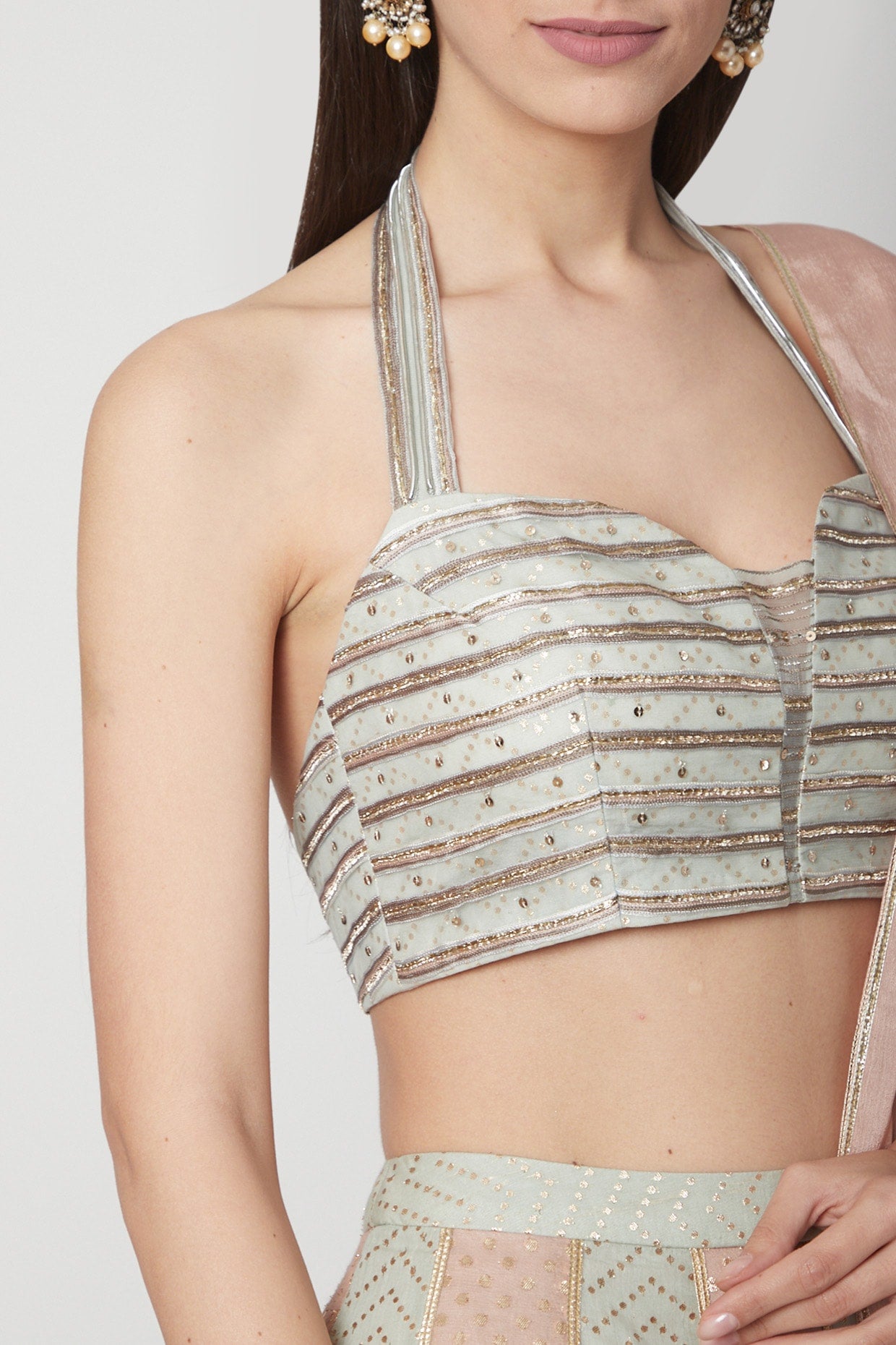 Aqua Blue Embroidered Halter Lehenga Set