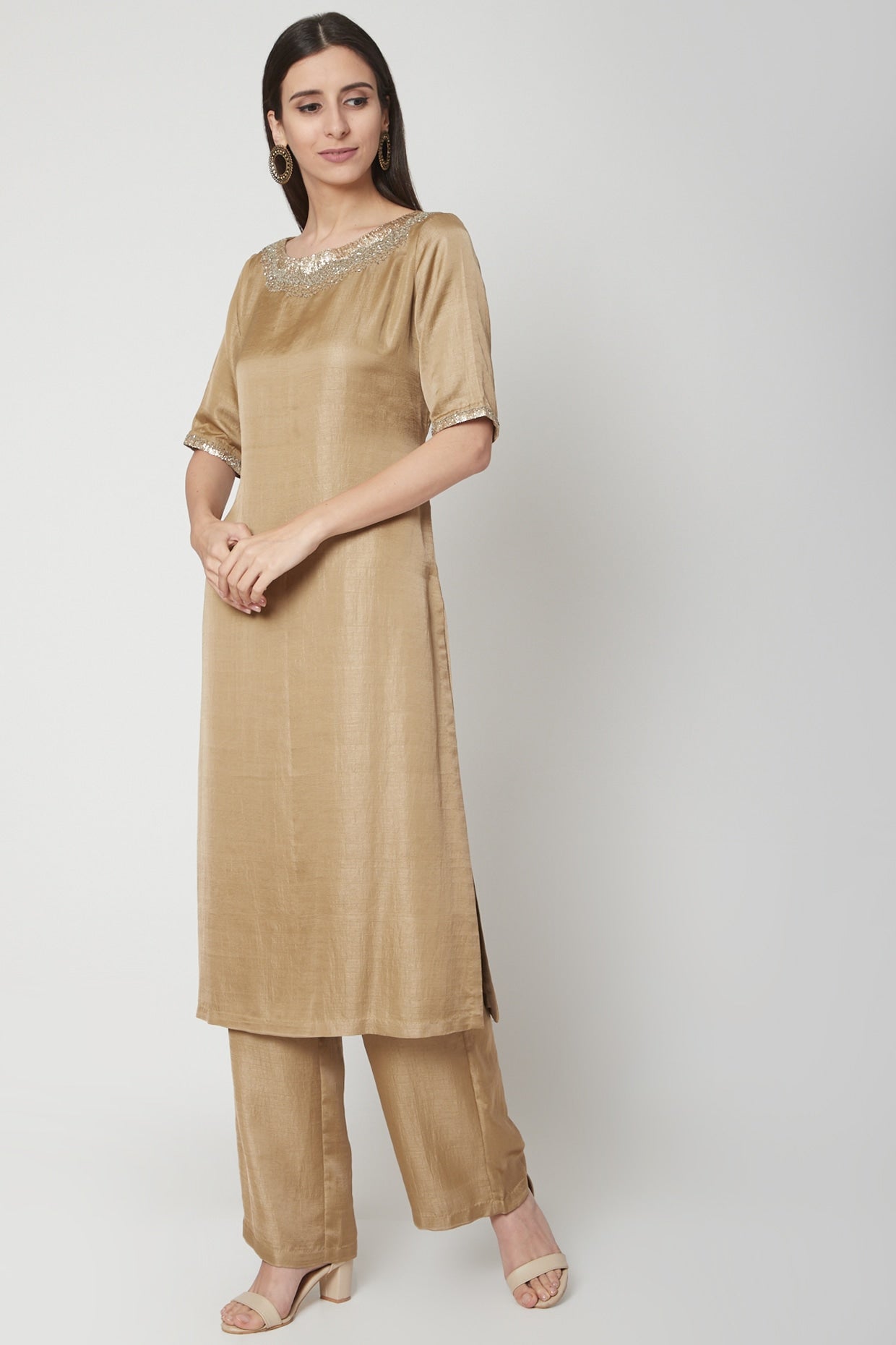 Dark Beige Embroidered Kurta With Pants