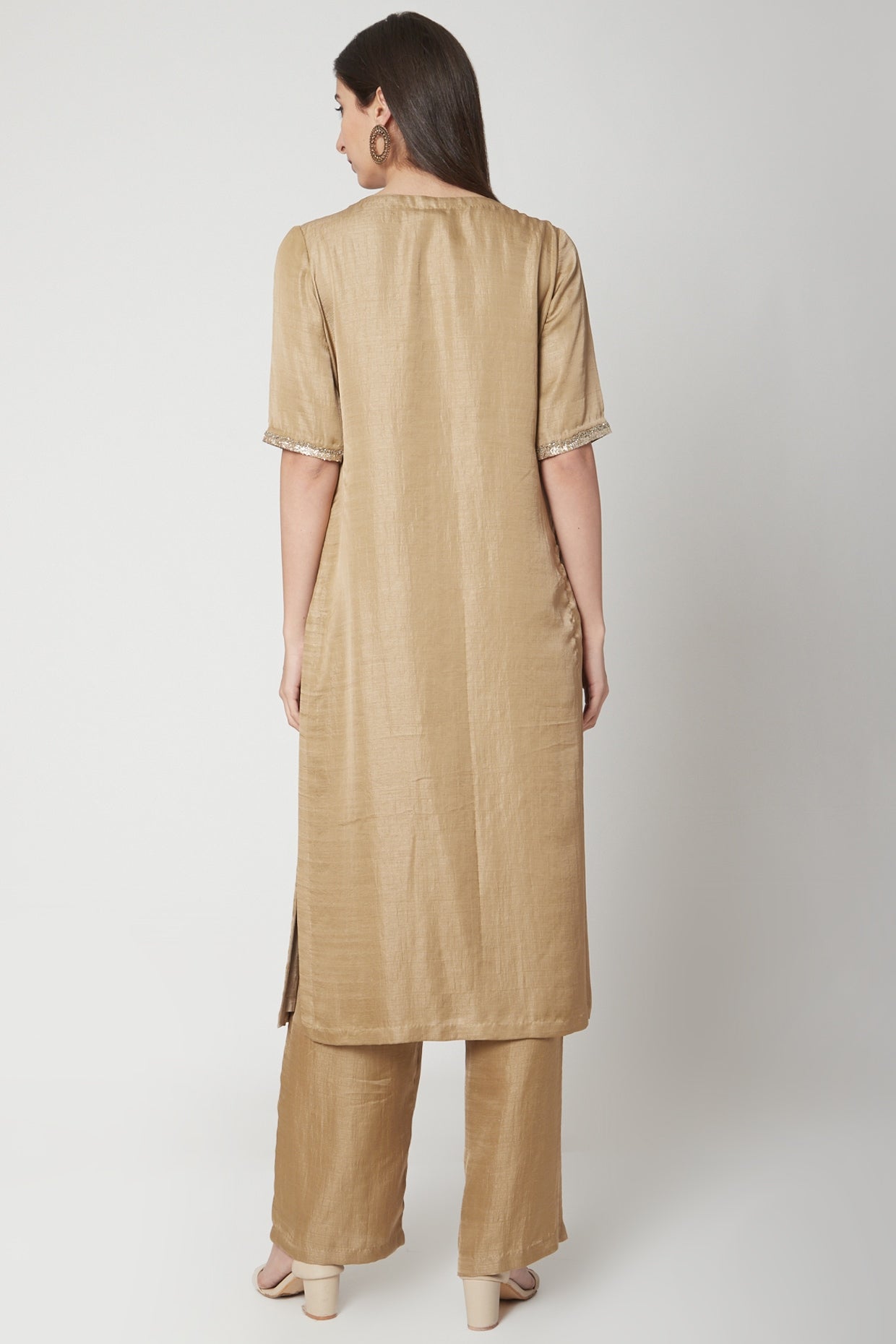 Dark Beige Embroidered Kurta With Pants