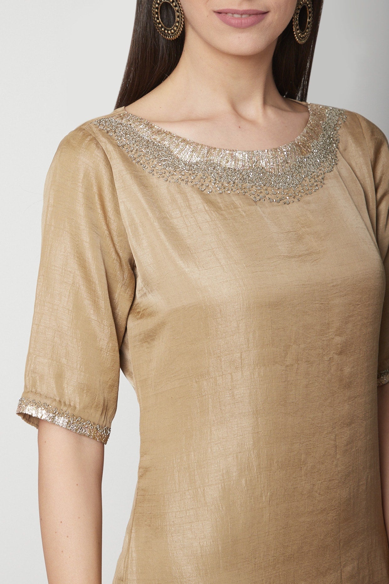 Dark Beige Embroidered Kurta With Pants