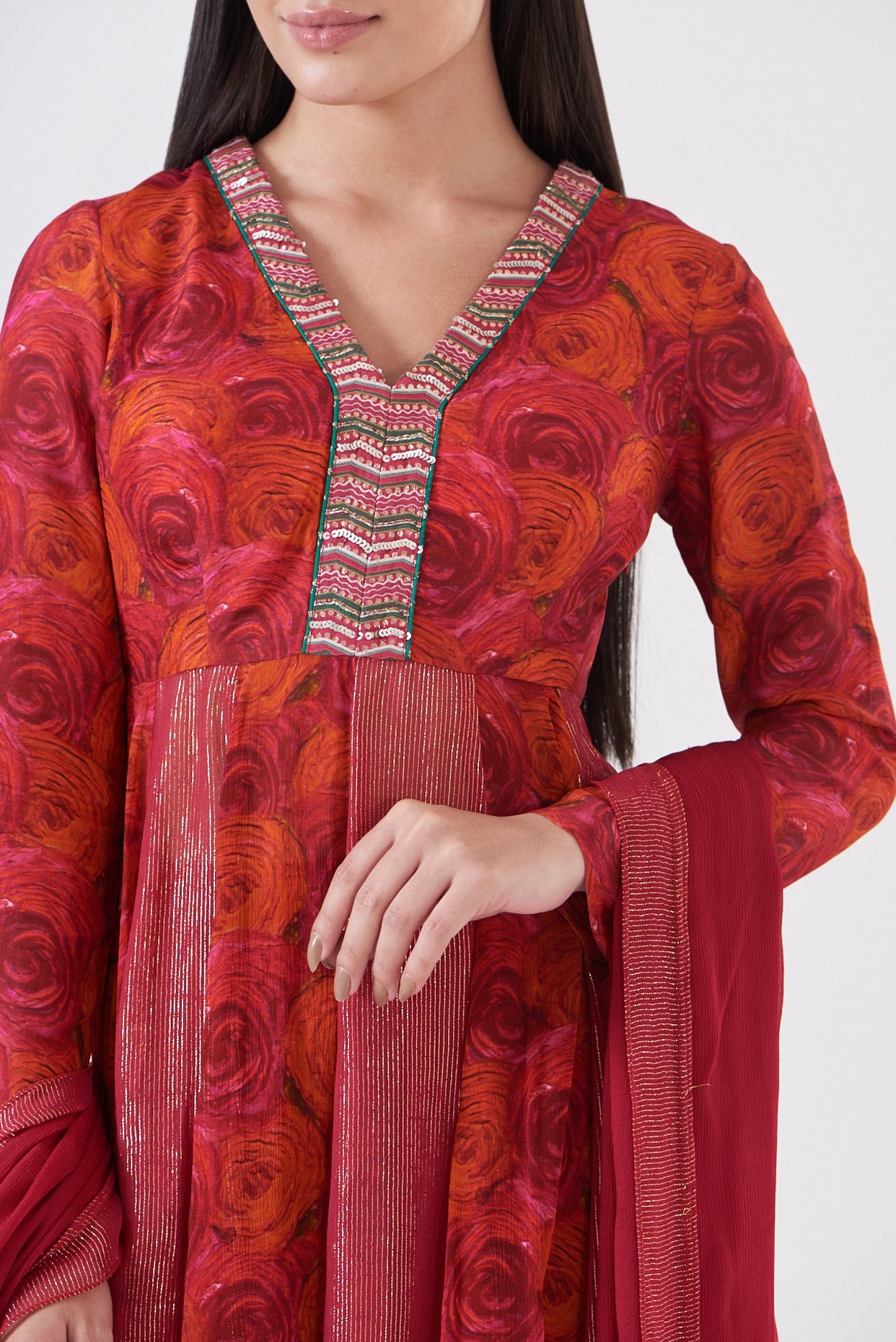 Fuchsia Red Upada Silk & Chinon Sharara Set