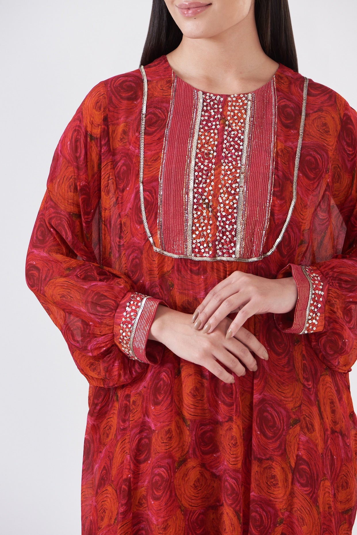 Fuchsia Red Chinon Handpainted Kaftan Set