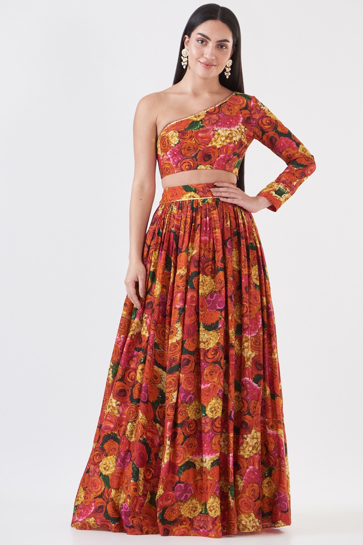 Multi-Colored Upada Silk Floral Printed Skirt Set