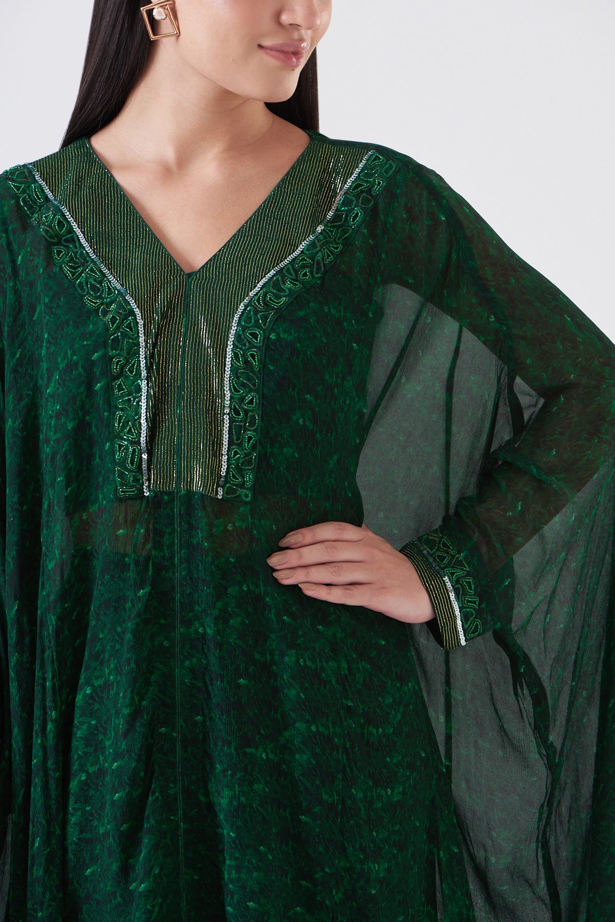 Grass Green Chinon & Shimmer Georgette Printed Kaftan Set