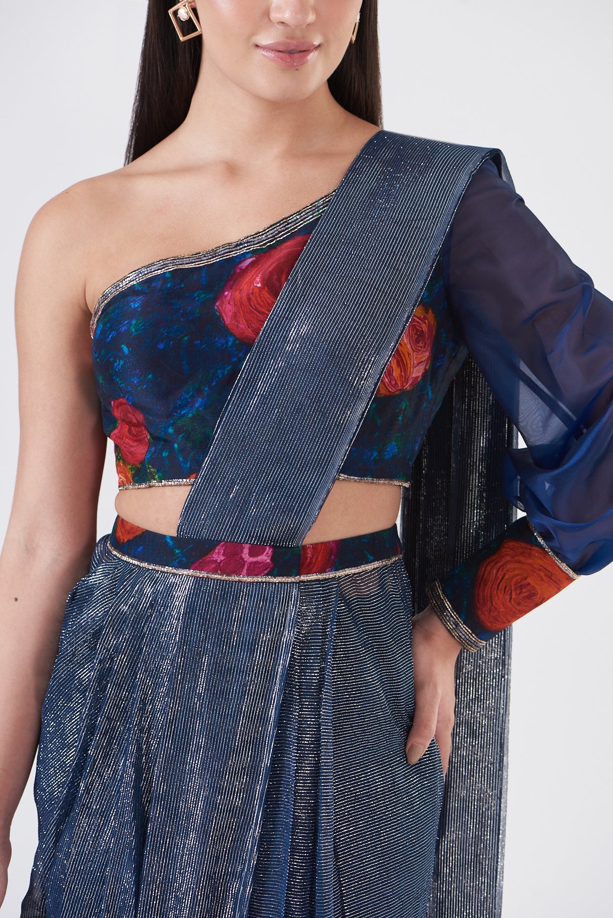 Navy Blue Upada Silk & Shimmer Georgette Pant Saree Set