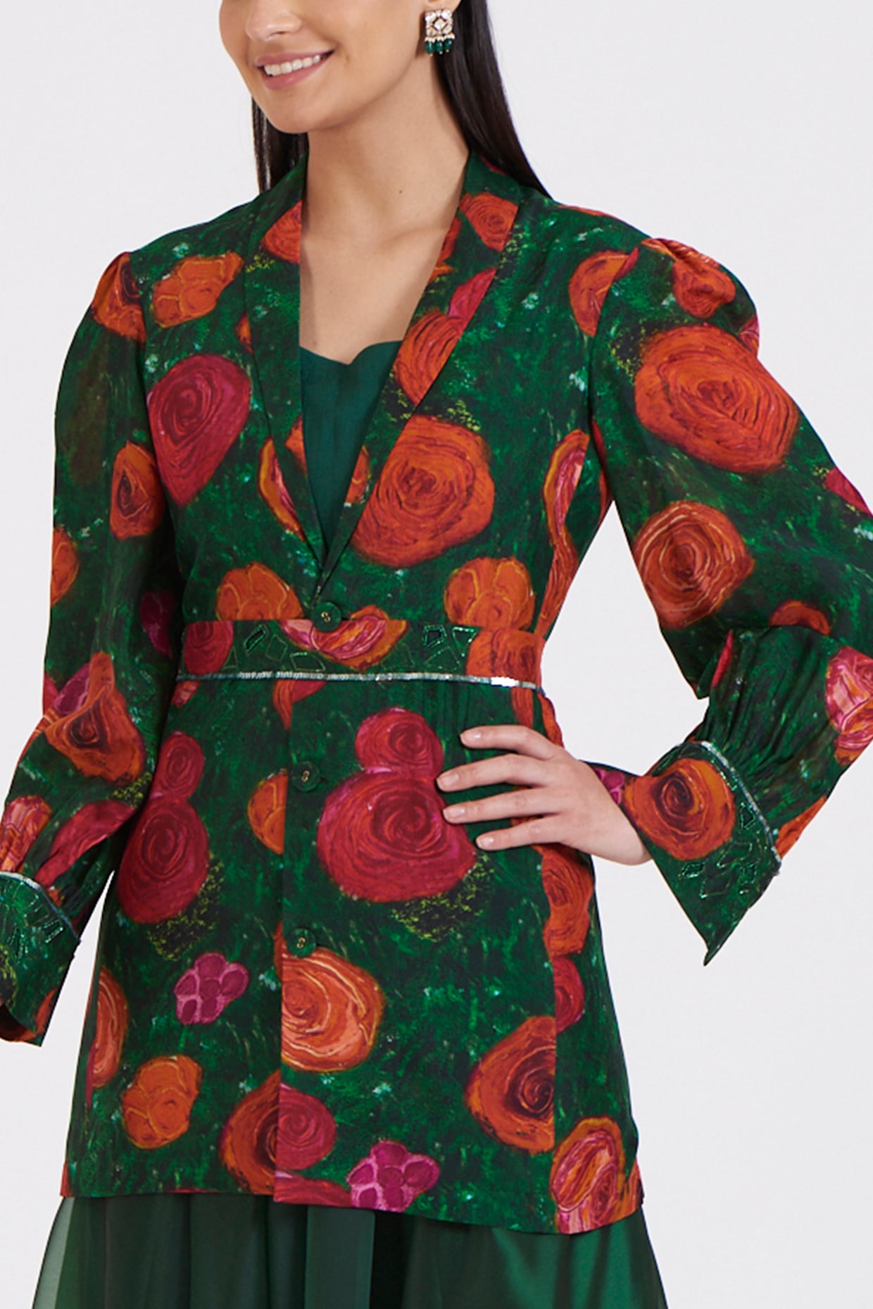Green Upada Silk Floral Hand Painted Jacket Set