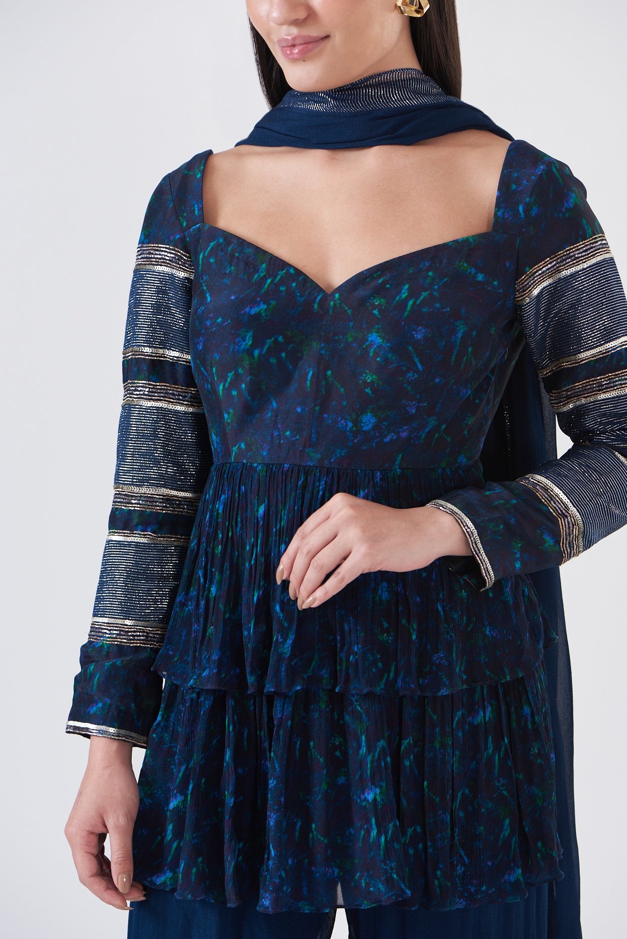 Navy Blue Chinon Tiered Sharara Set