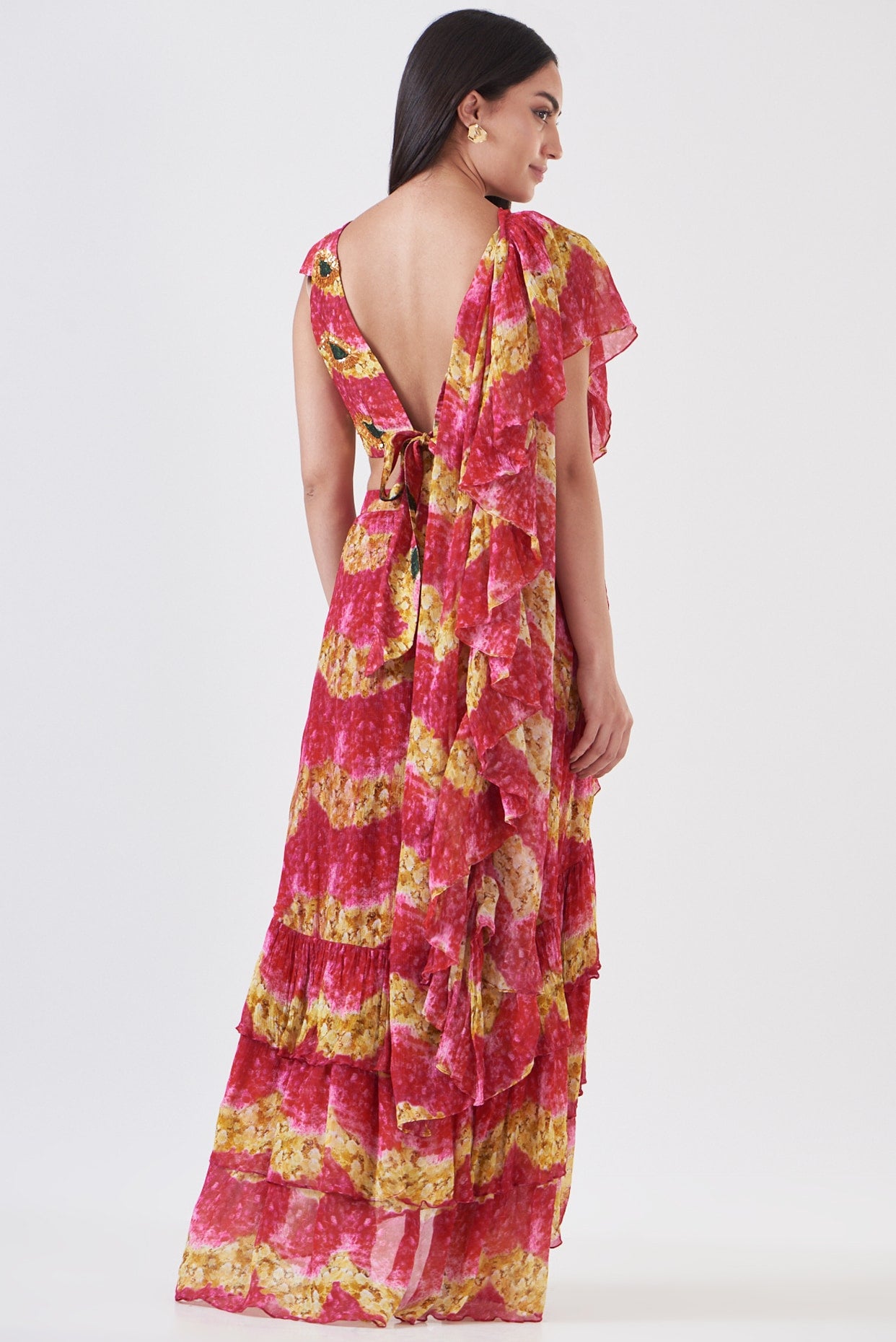 Pink Chinon Floral Hand Painted Ruffled Skirt Saree Set