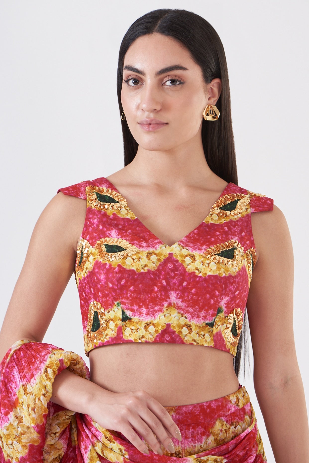 Pink Chinon Floral Hand Painted Ruffled Skirt Saree Set