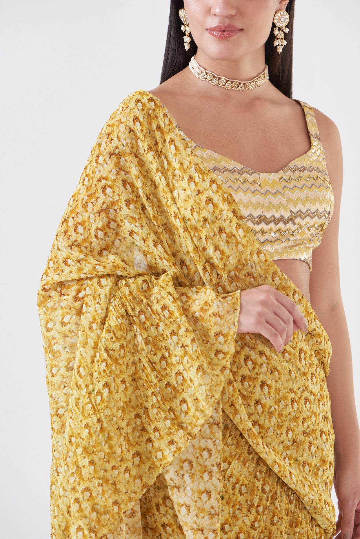 Yellow Chinon Floral Hand Painted Ruffled Skirt Saree Set