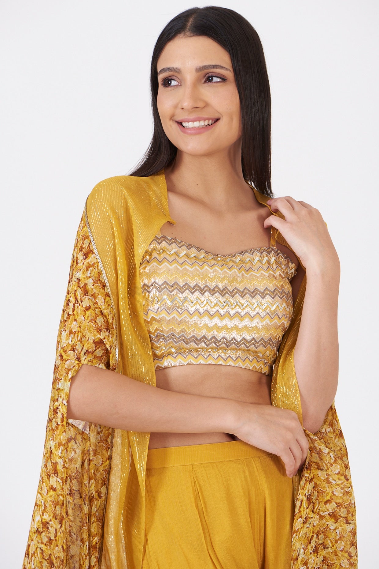 Mustard Chinon & Shimmer Georgette Hand Painted Jacket Set