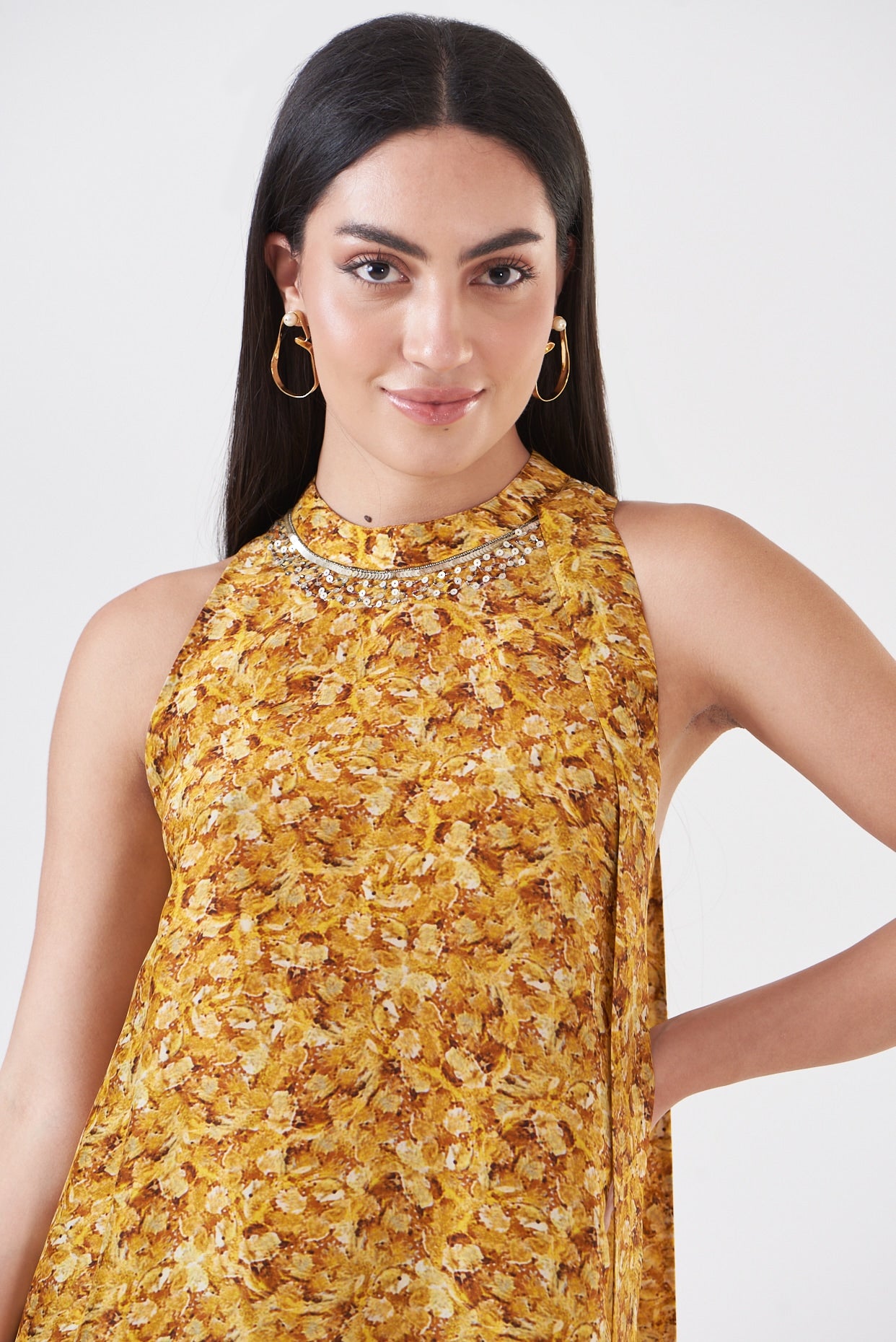 Mustard Upada Silk Hand Painted Tunic Set