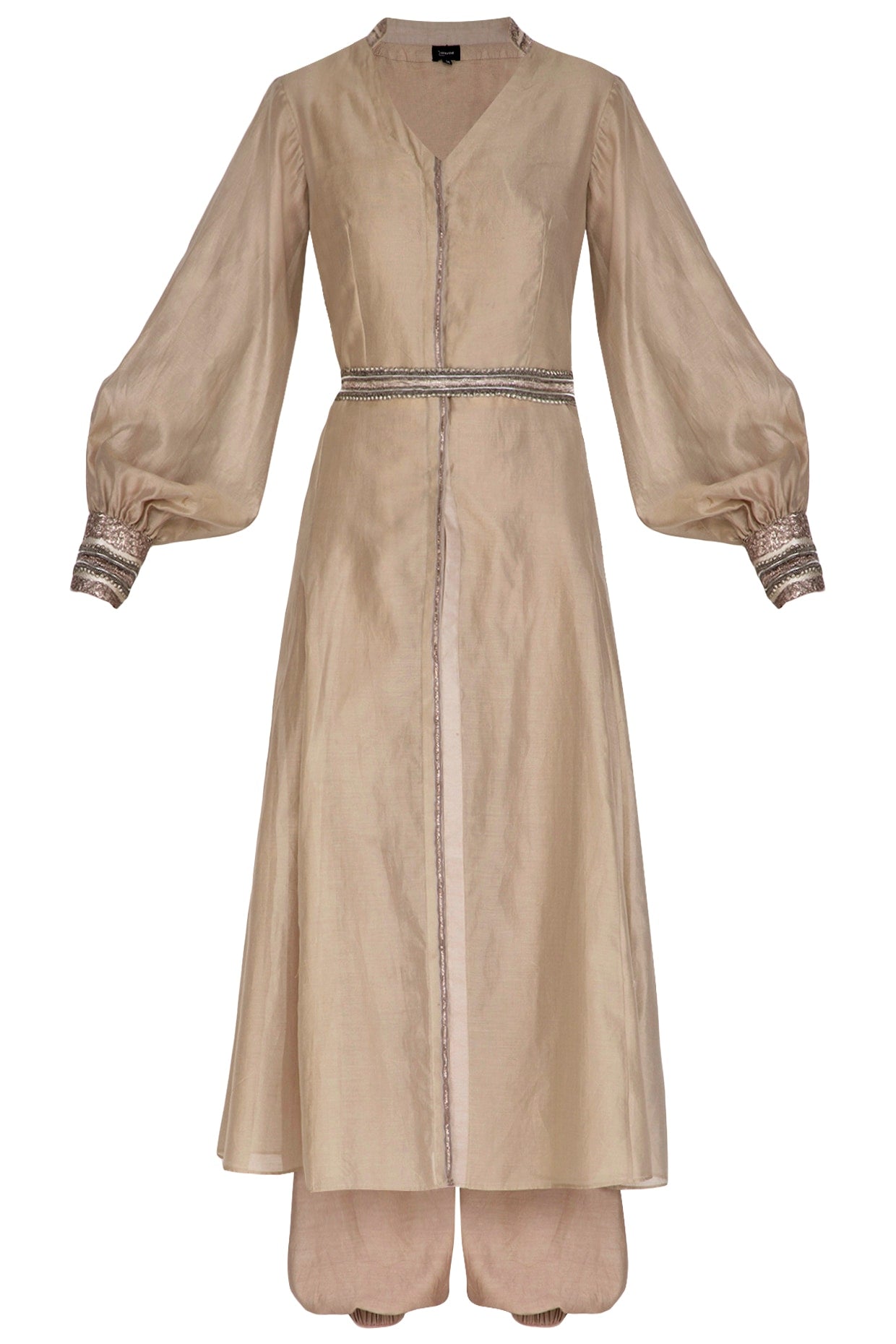 Beige Embroidered Kurta With Crop Top, Pants & Belt