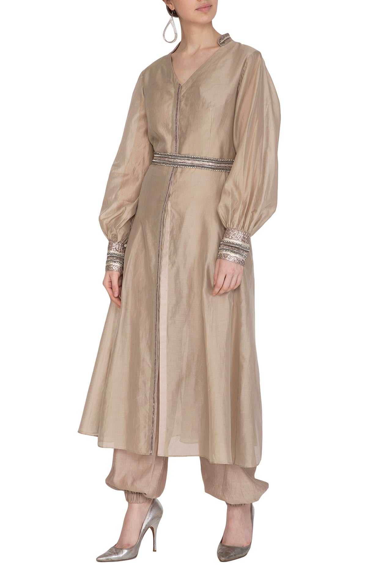 Beige Embroidered Kurta With Crop Top, Pants & Belt