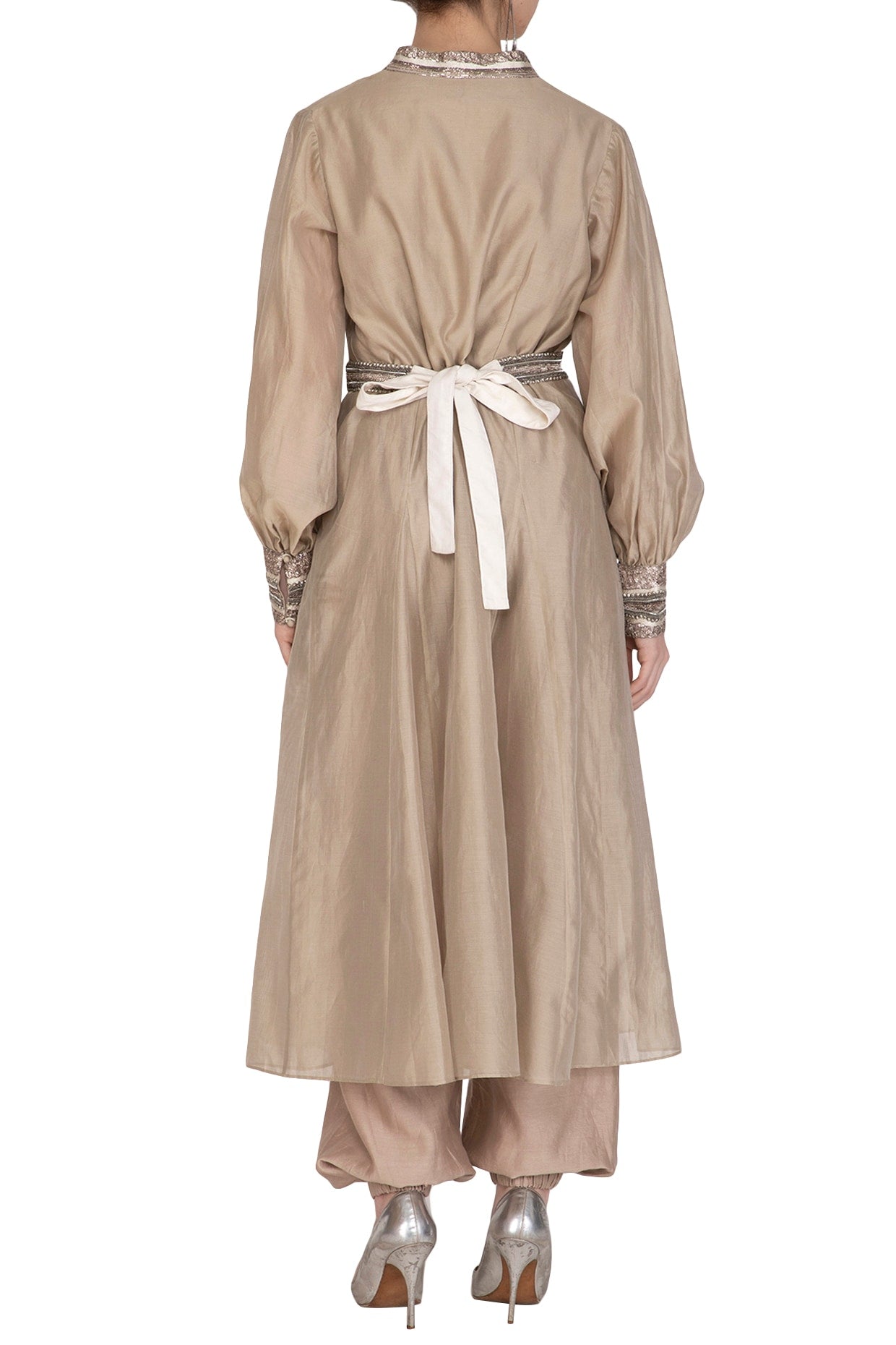 Beige Embroidered Kurta With Crop Top, Pants & Belt