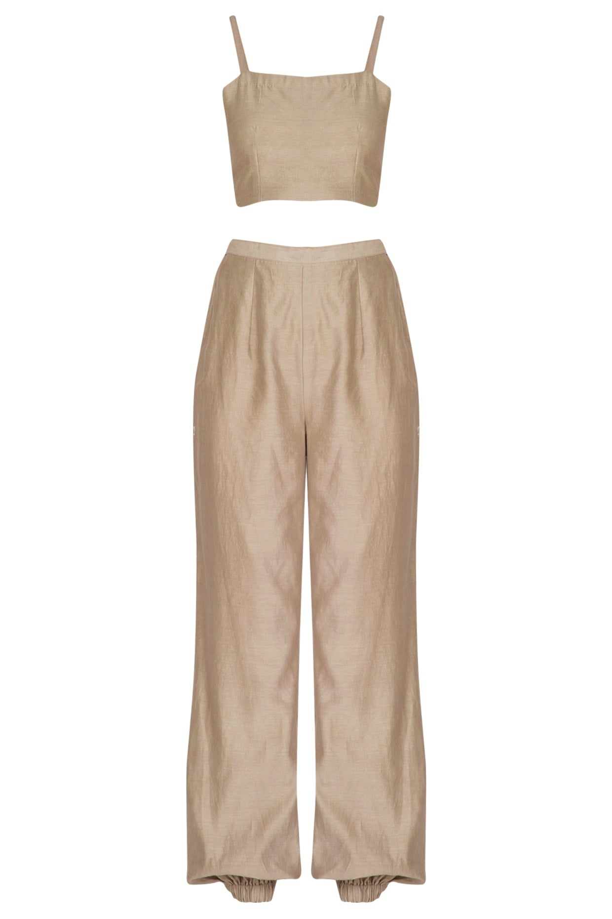 Beige Embroidered Kurta With Crop Top, Pants & Belt