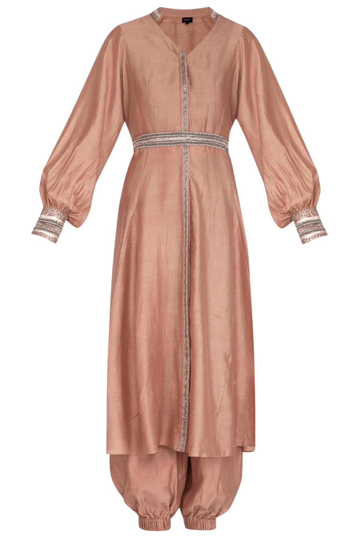 Rusty Peach Embroidered Kurta With Jumper Pants, Crop Top & Belt