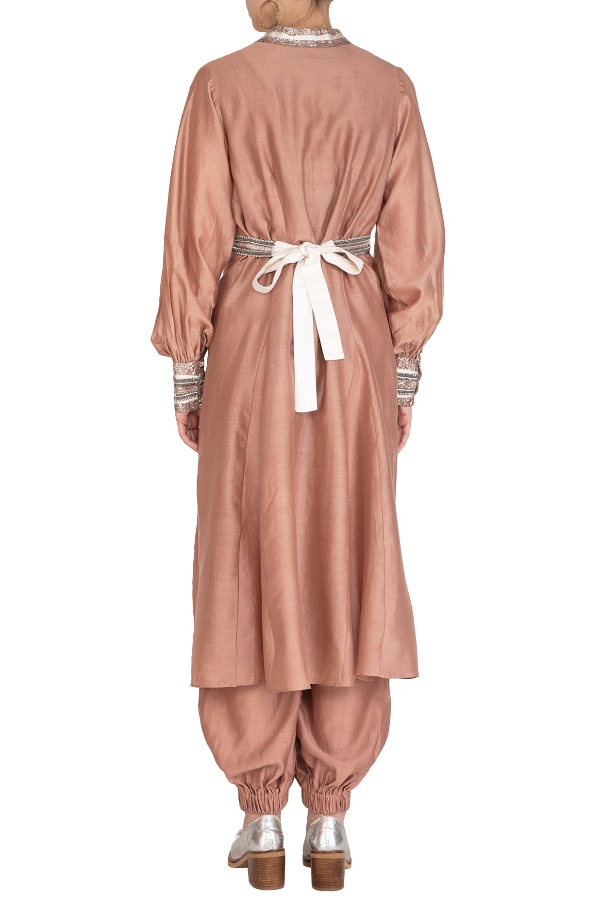 Rusty Peach Embroidered Kurta With Jumper Pants, Crop Top & Belt