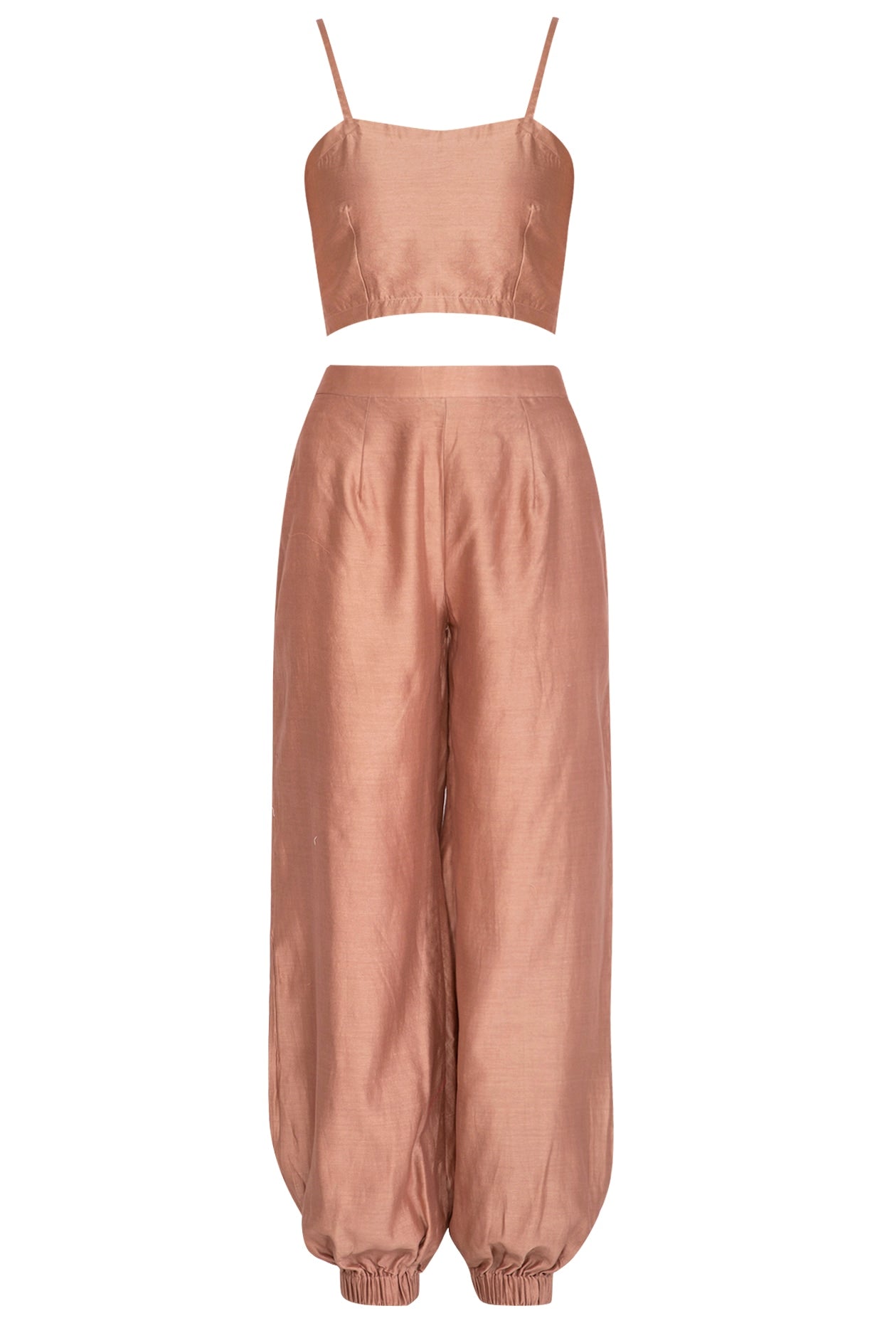 Rusty Peach Embroidered Kurta With Jumper Pants, Crop Top & Belt