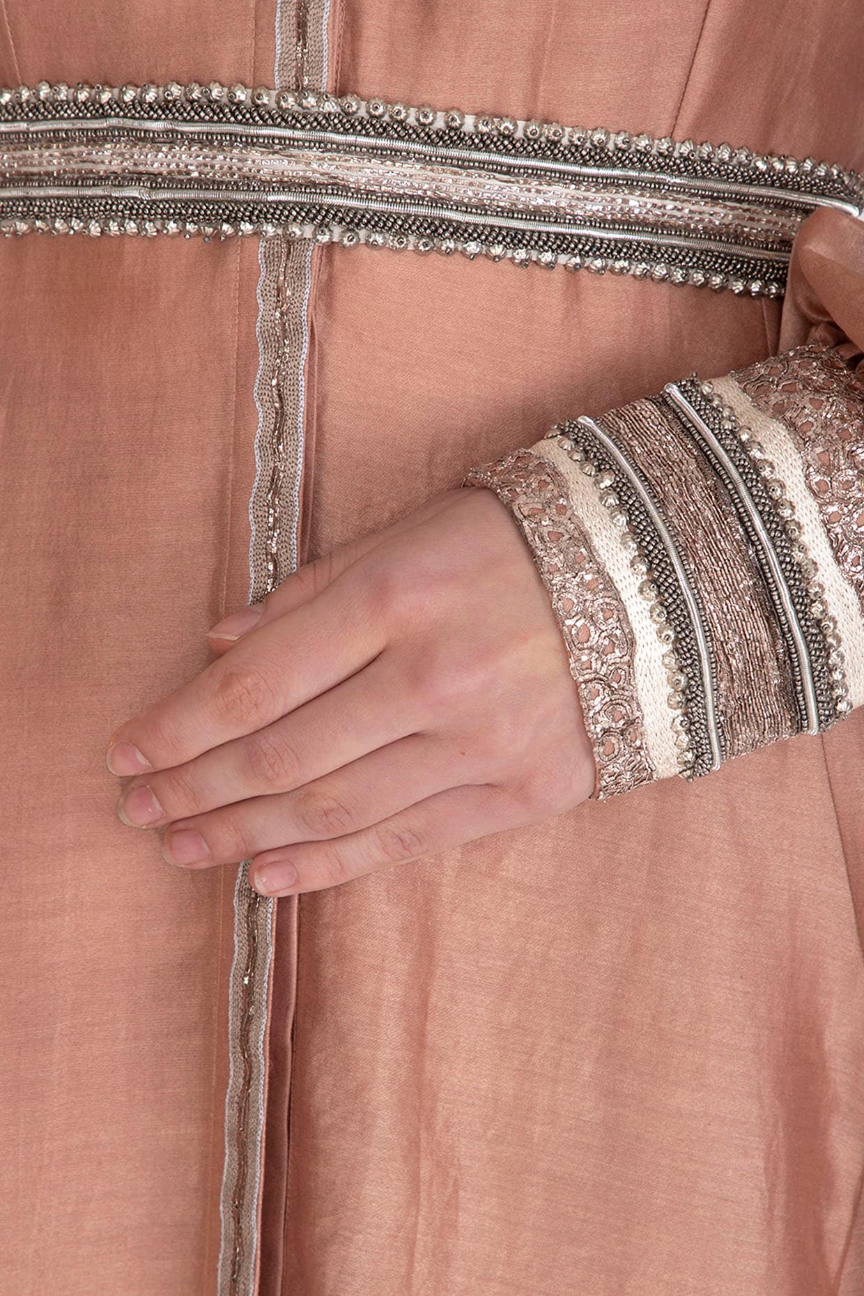 Rusty Peach Embroidered Kurta With Jumper Pants, Crop Top & Belt