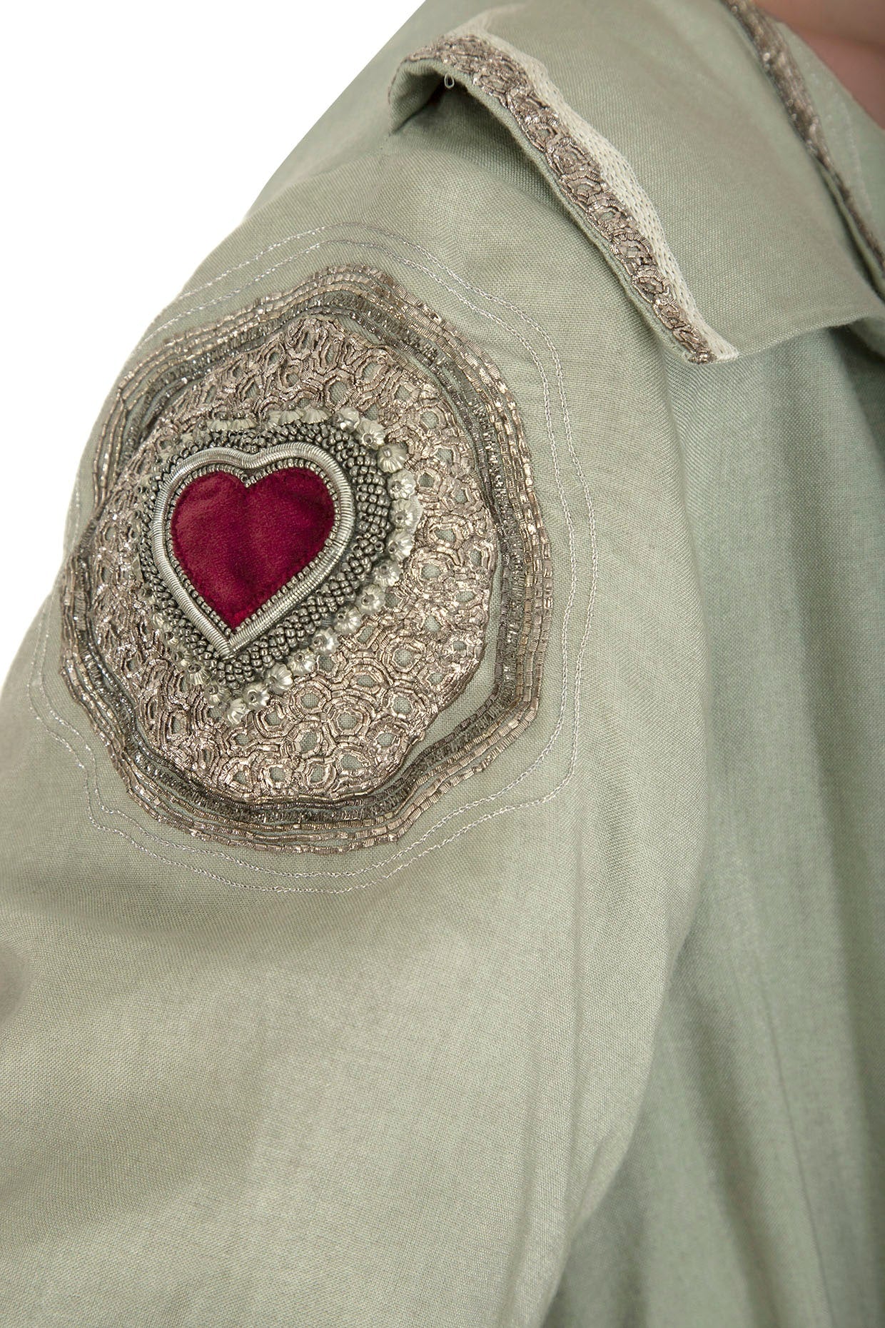 Rusty Green Embroidered Jacket With Crop Top & Palazzo Pants