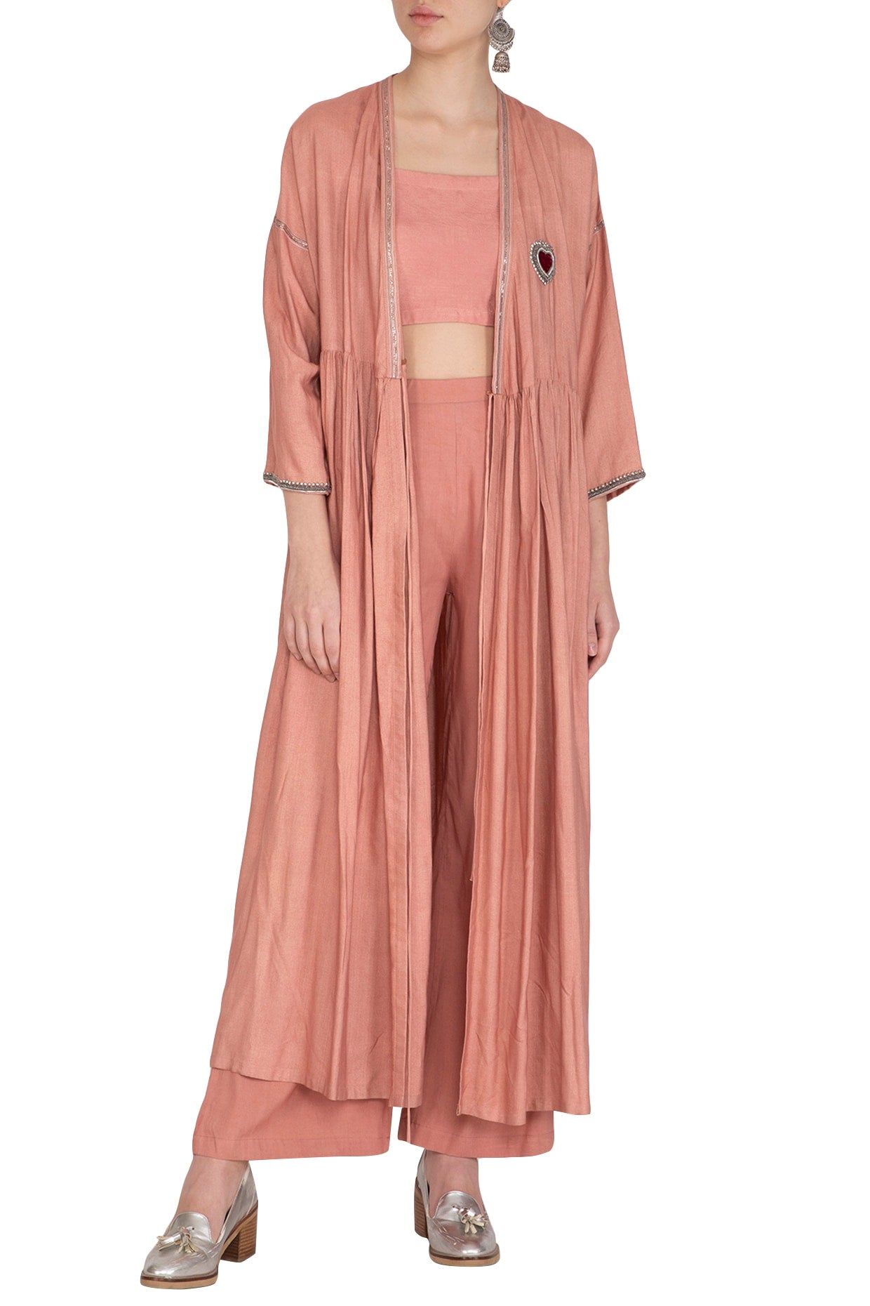 Copper Embroidered Shrug Jacket With Crop Top Palazzo Pants