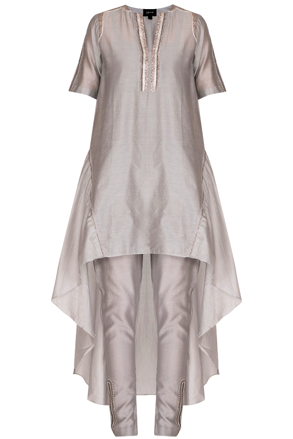 Grey Embroidered High Low Kurta With Cigarette Pants
