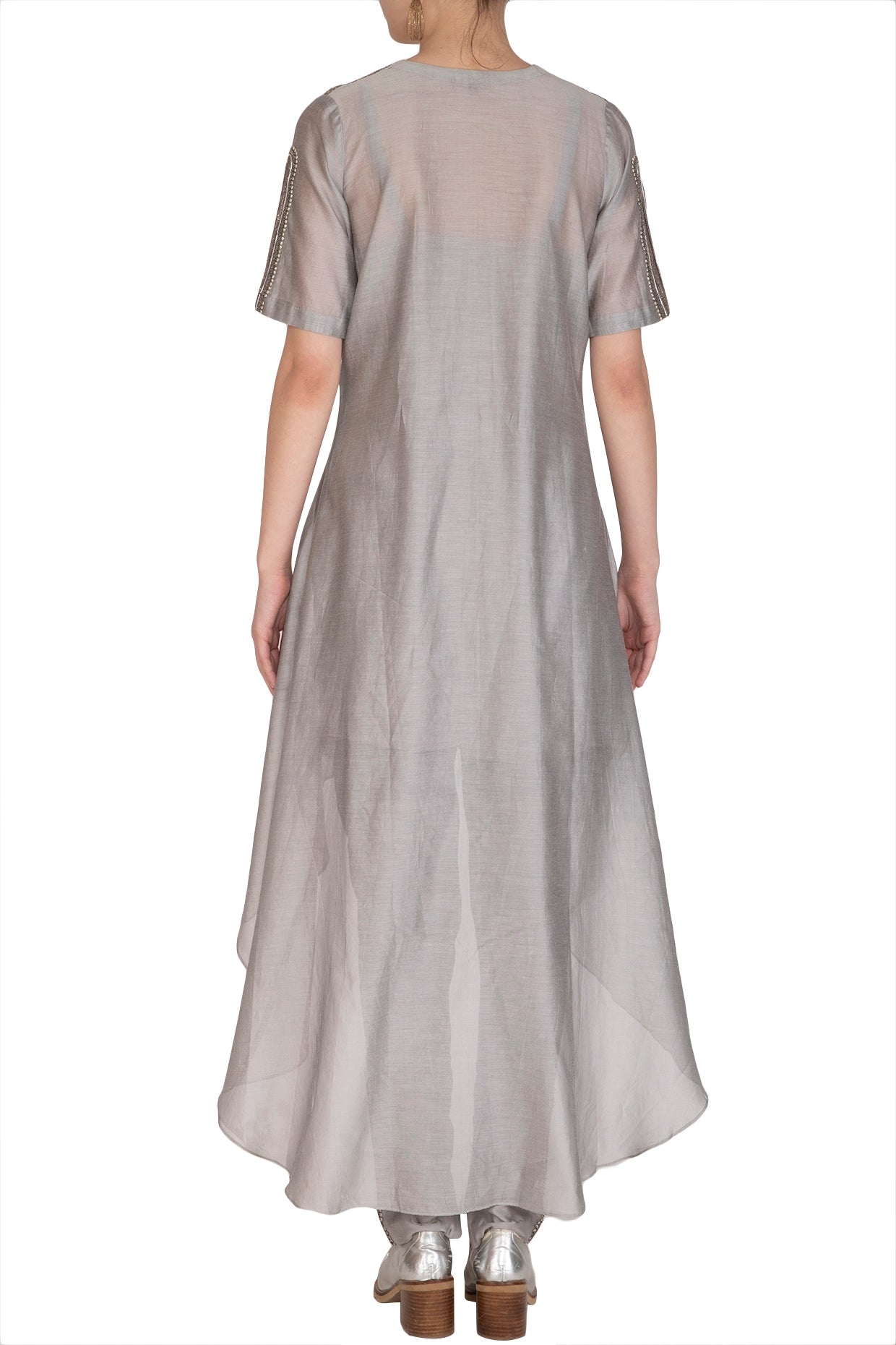 Grey Embroidered High Low Kurta With Cigarette Pants