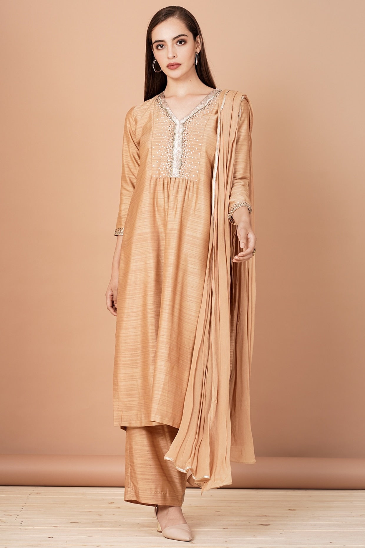 Dark Nude Embroidered Kurta Set