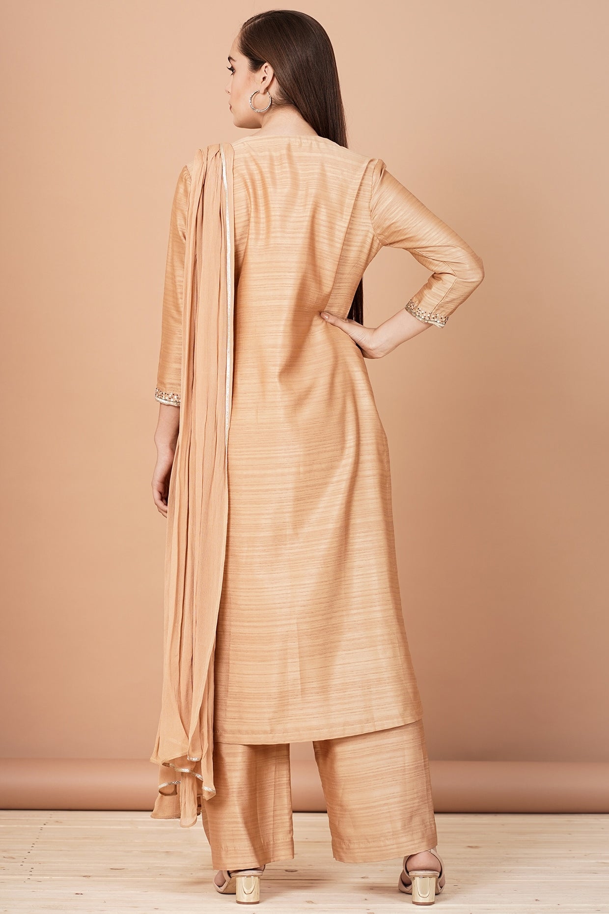 Dark Nude Embroidered Kurta Set