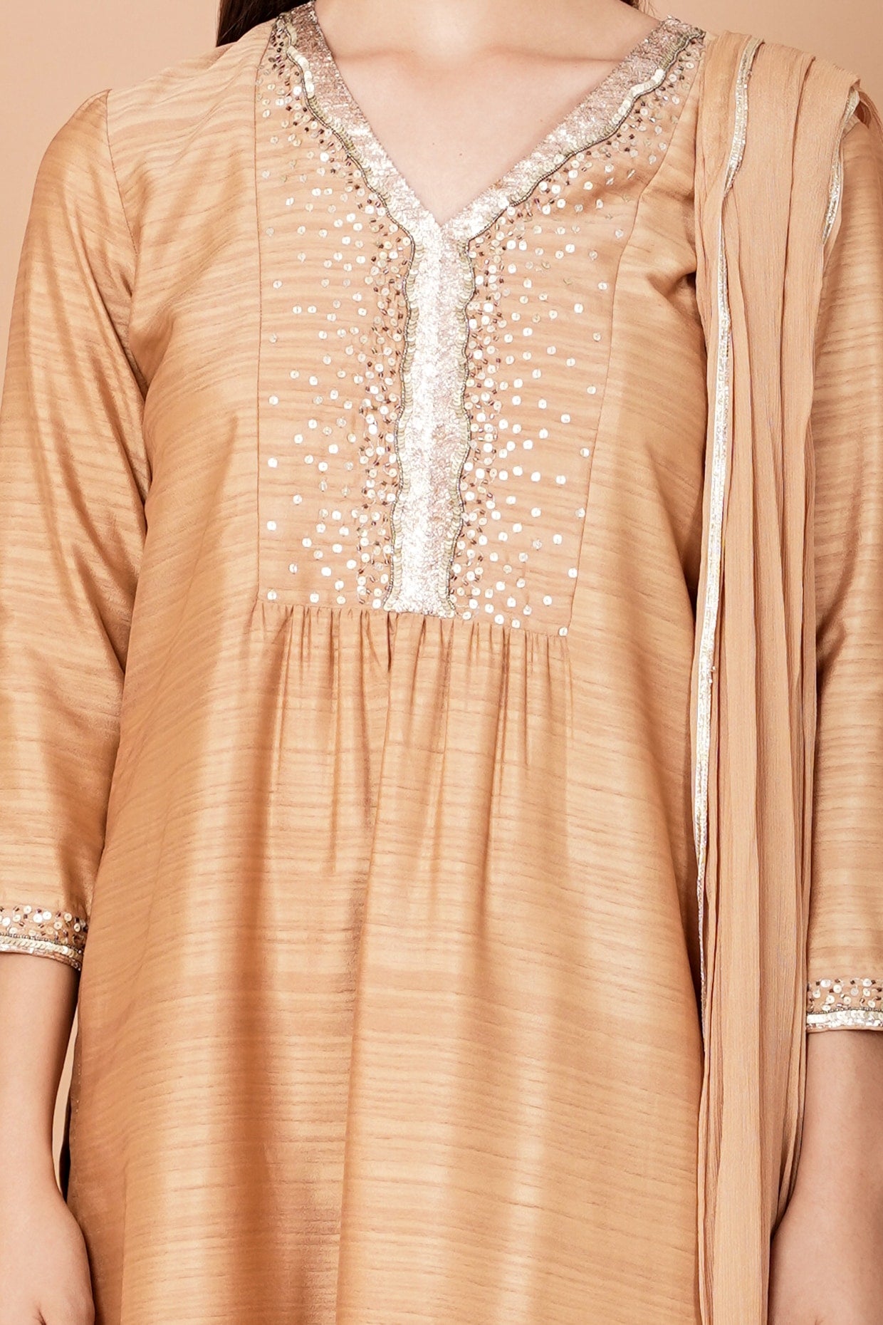 Dark Nude Embroidered Kurta Set