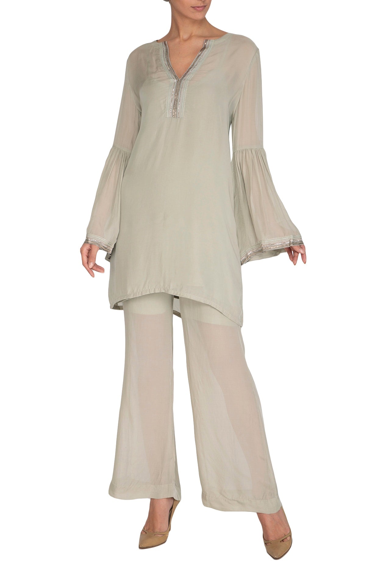 Sage Green Embellished Kurta With Pants