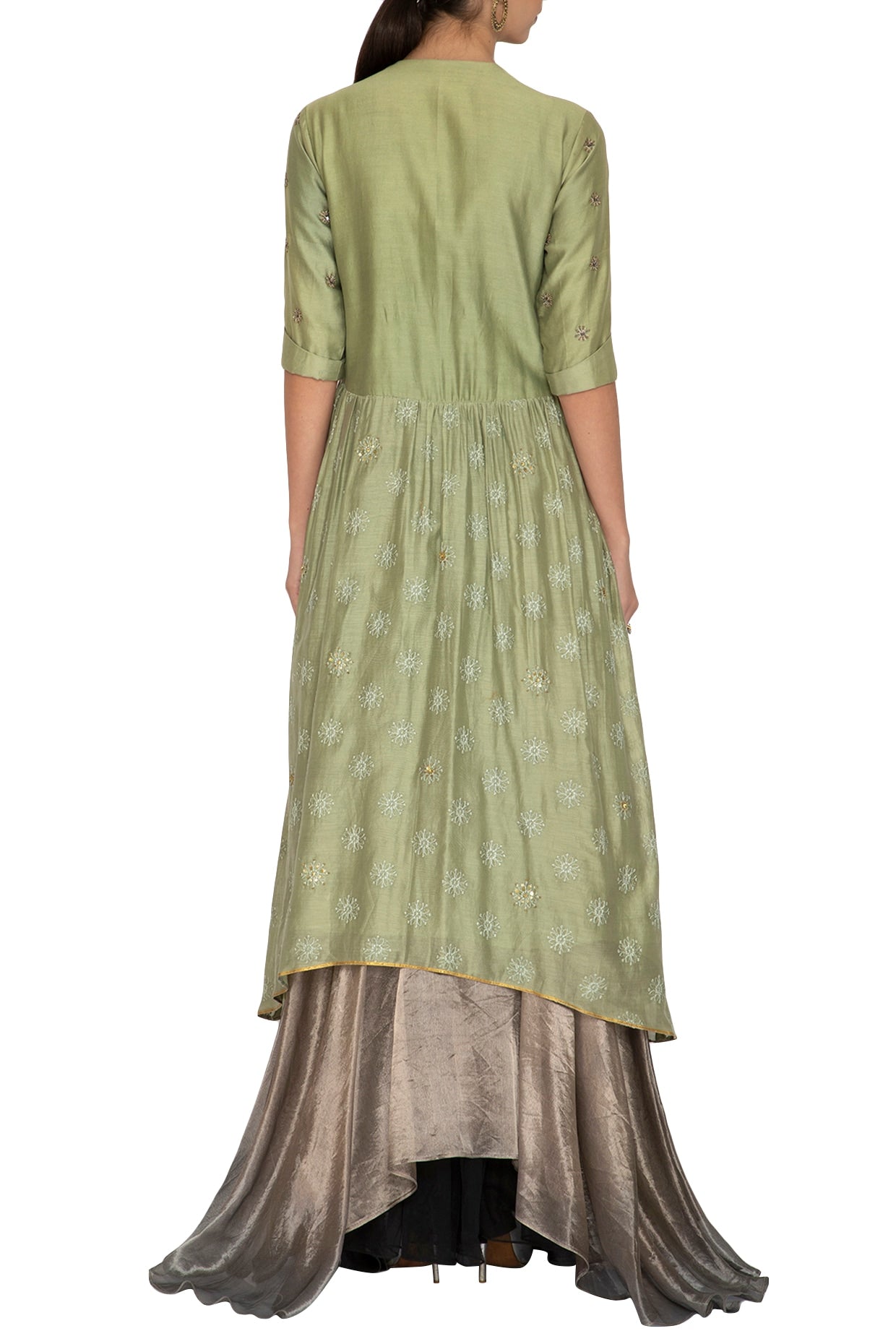 Green Embroidered Kurta With Metallic Grey Lehenga Skirt