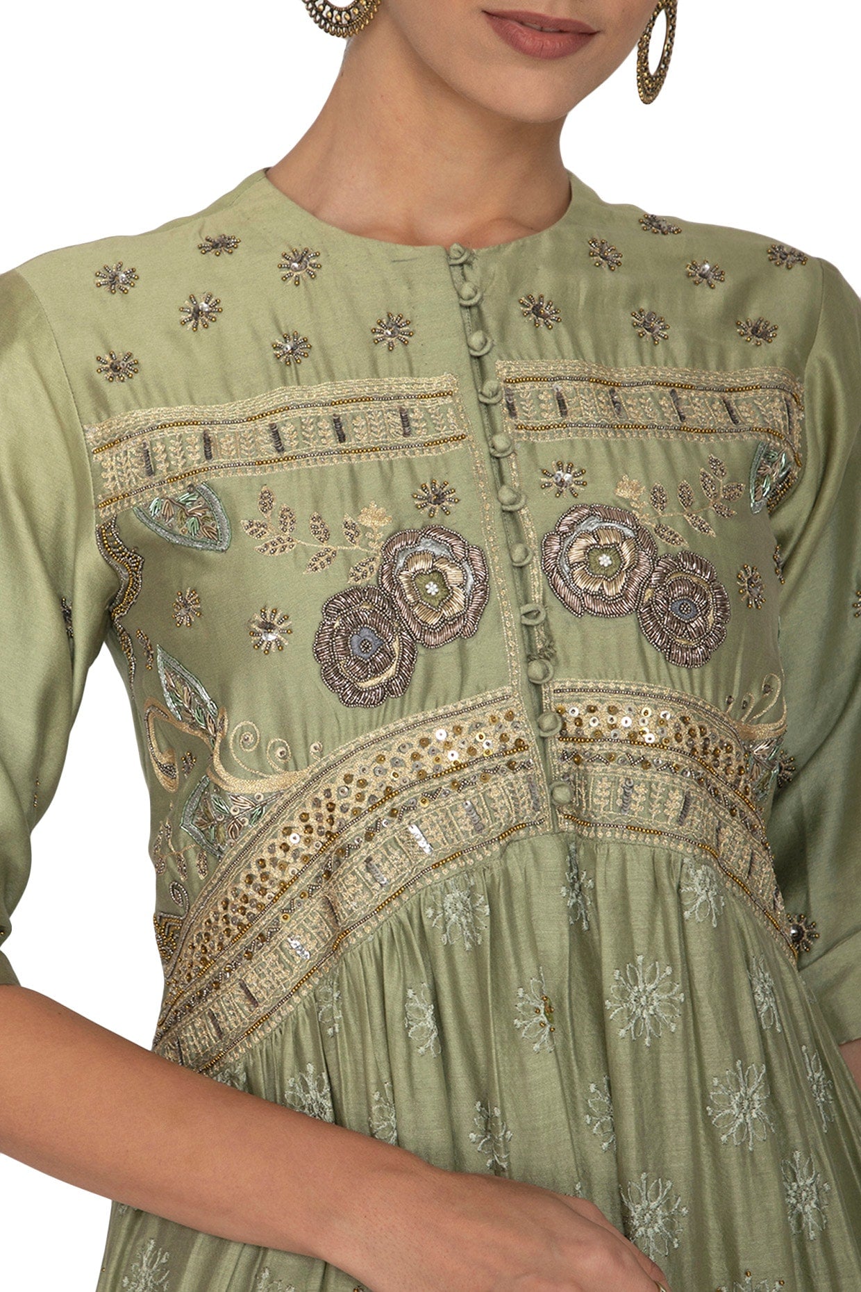 Green Embroidered Kurta With Metallic Grey Lehenga Skirt