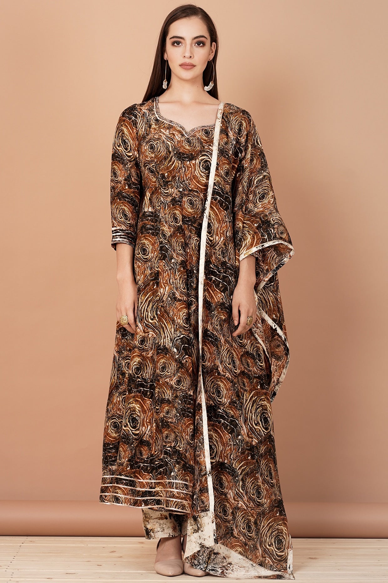 Brow Hand Painted Kalidar Kurta Set
