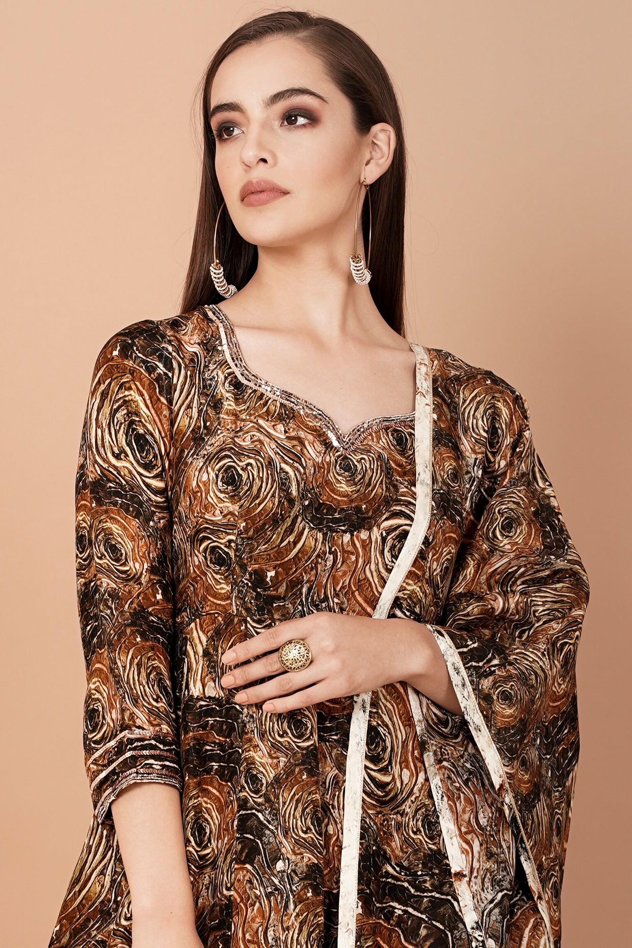 Brow Hand Painted Kalidar Kurta Set