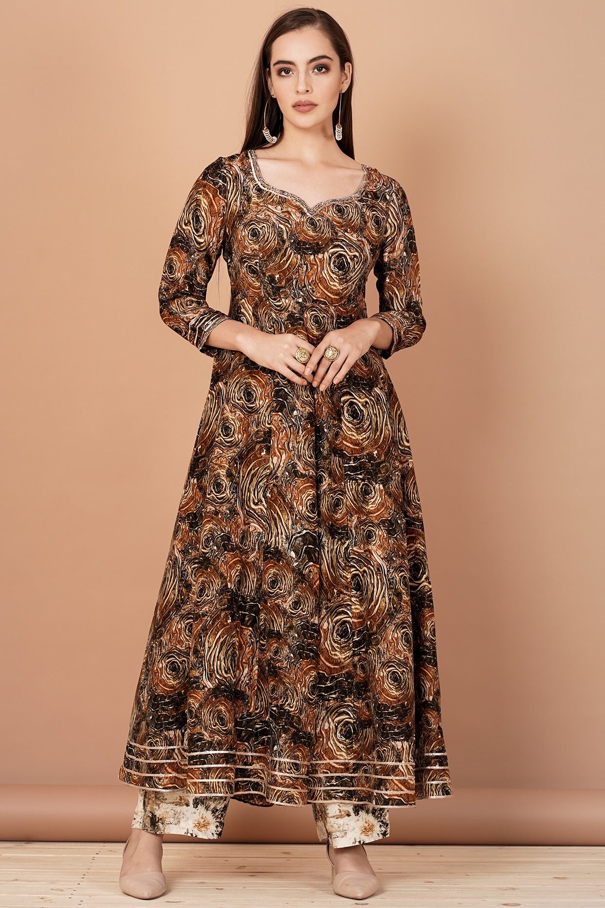 Brow Hand Painted Kalidar Kurta Set