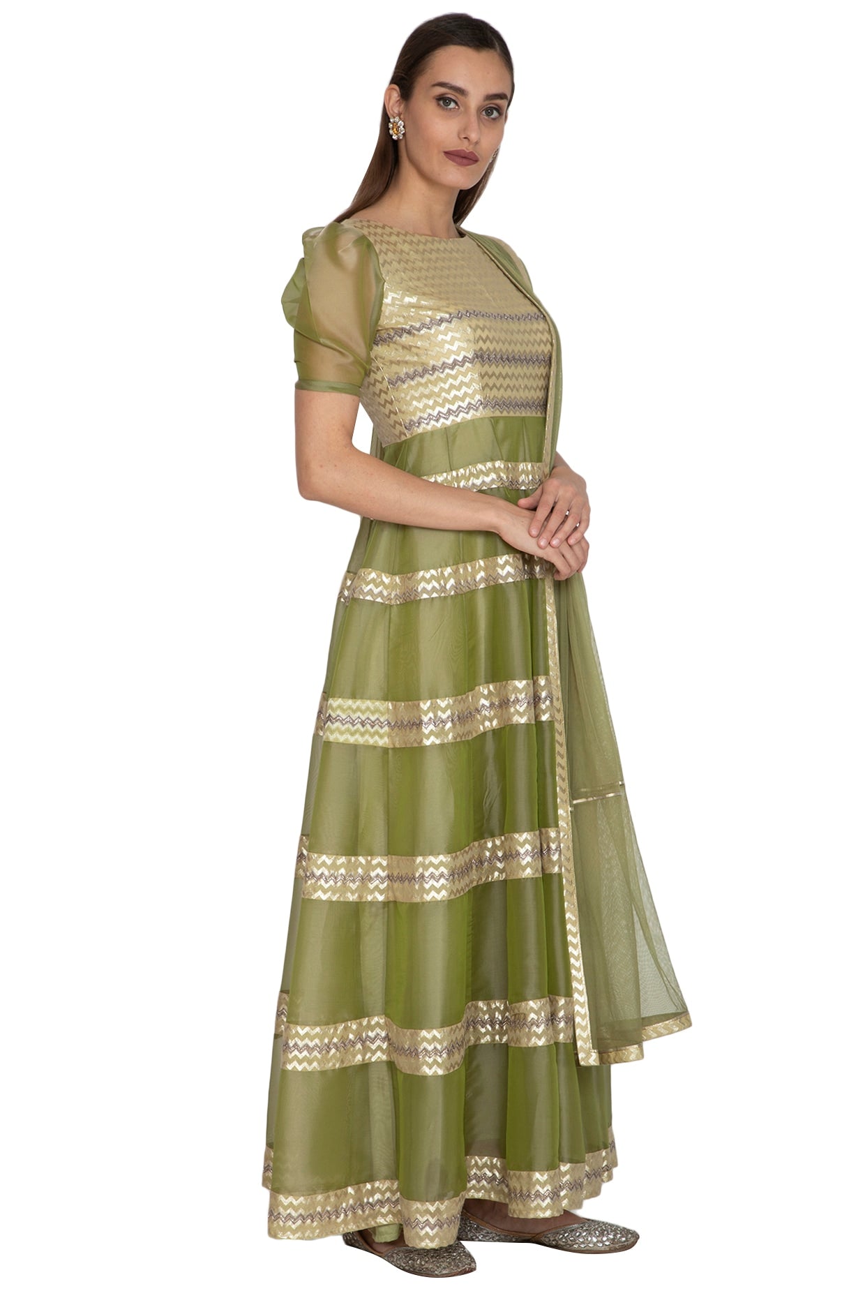 Olive Green Embroidered Anarkali Gown With Dupatta