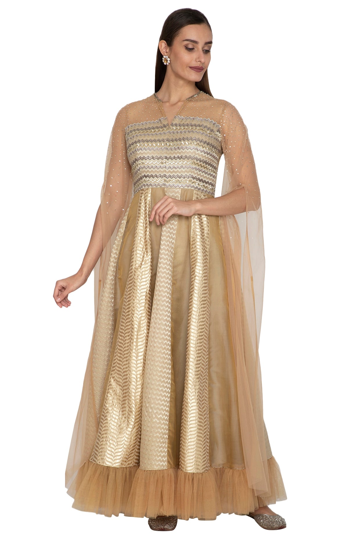 Beige Kalidar Gown With Flowy Net Sleeves