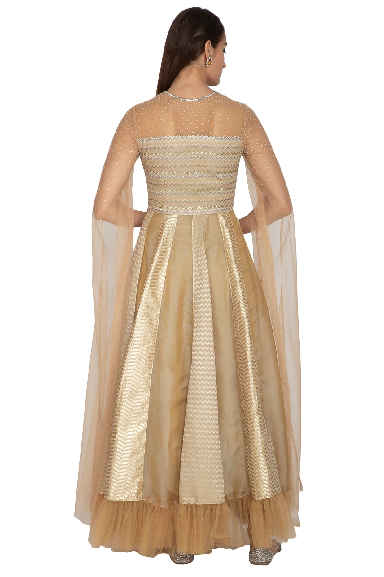 Beige Kalidar Gown With Flowy Net Sleeves