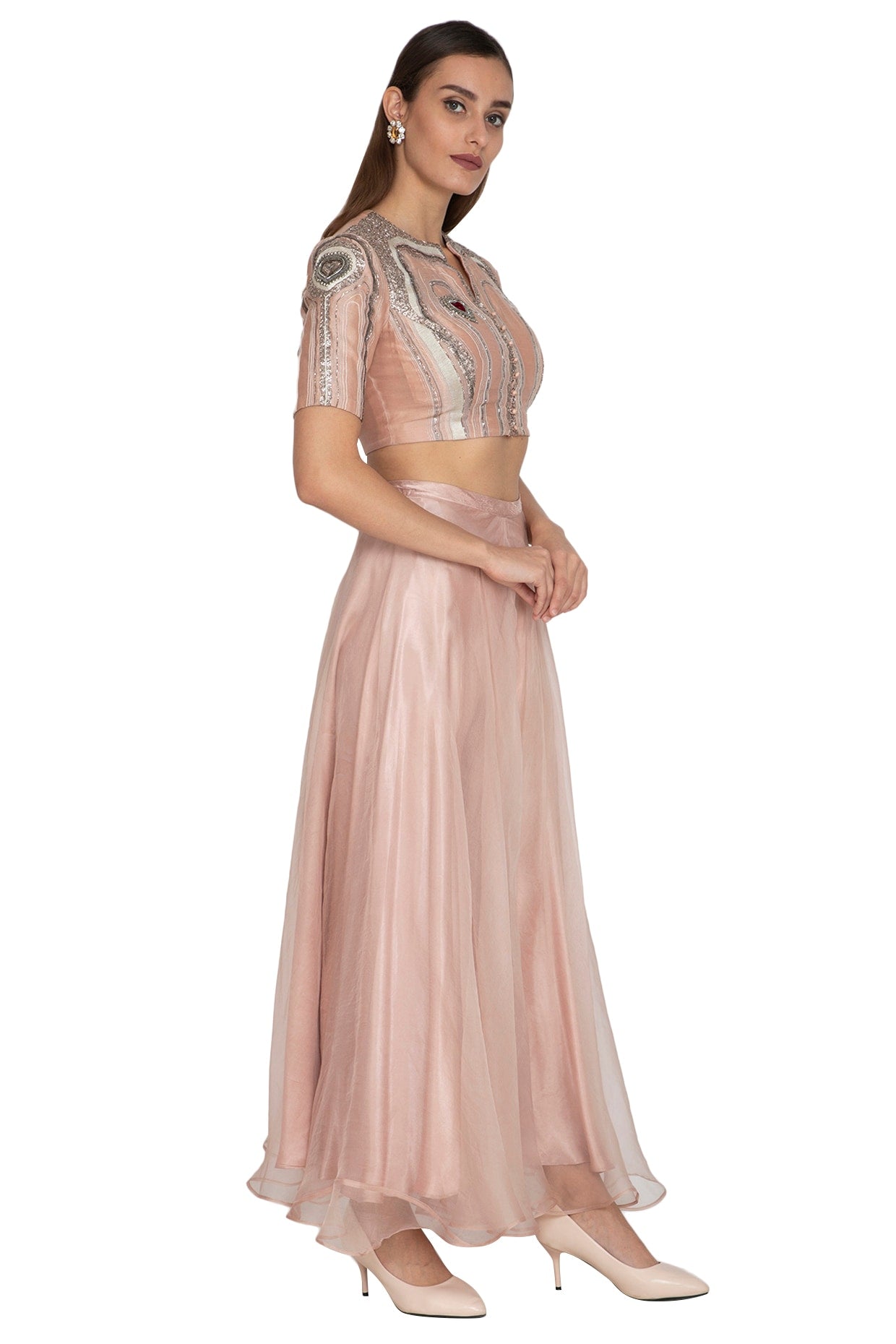 Blush Pink Embroidered Crop Top With Pants