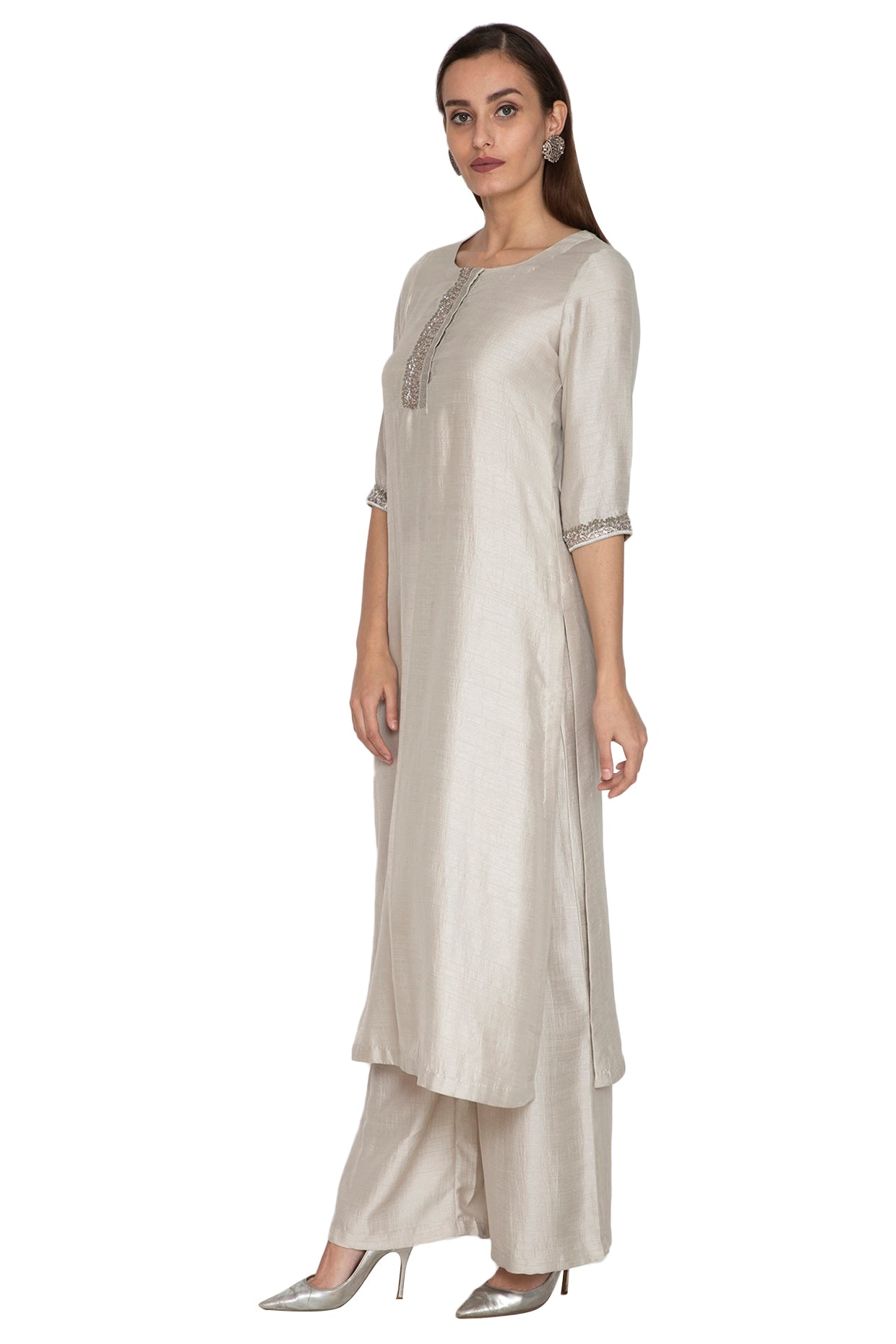 Silver Embroidered Kurta With Pants