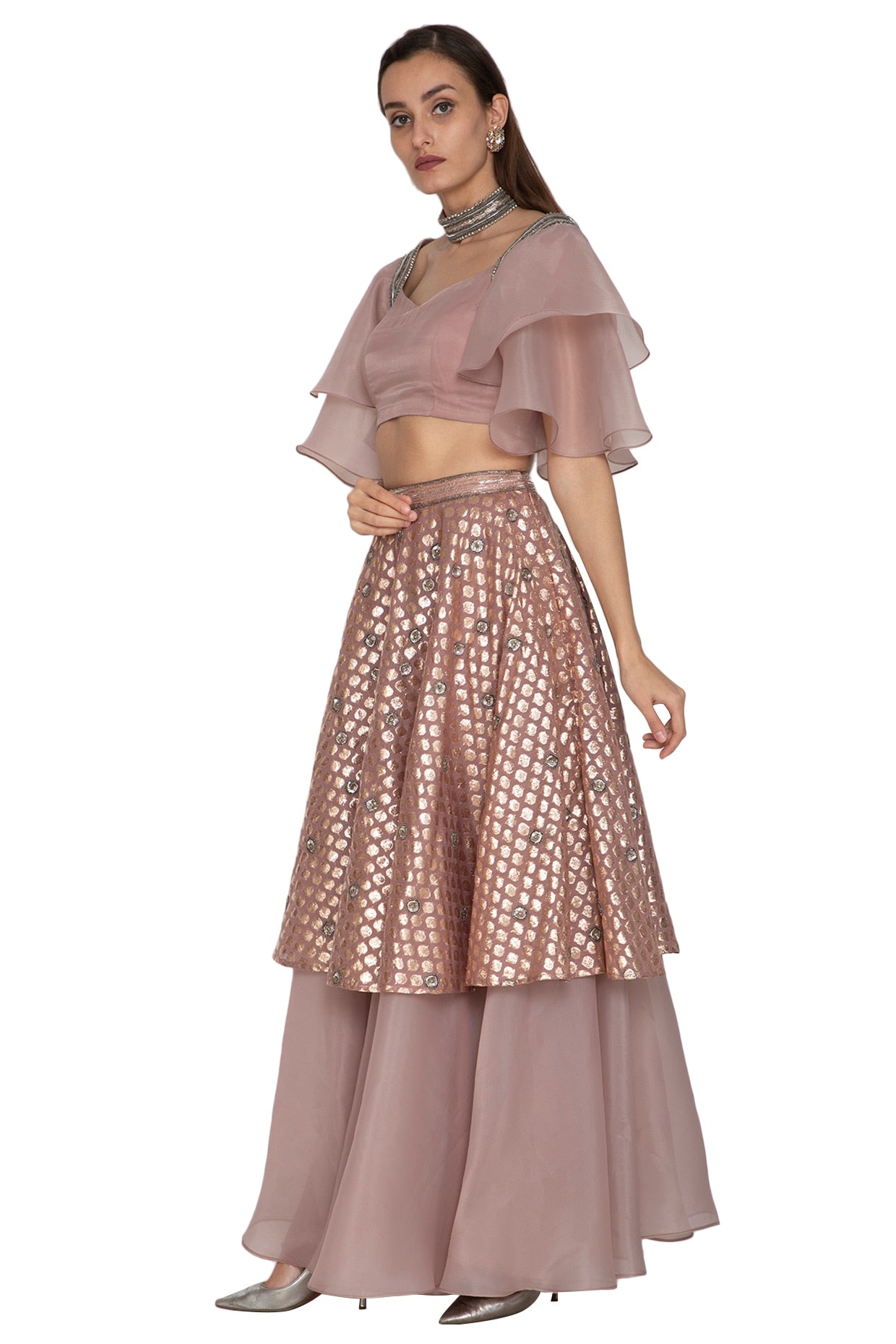 Blush Pink Embroidered Crop Top With Skirt