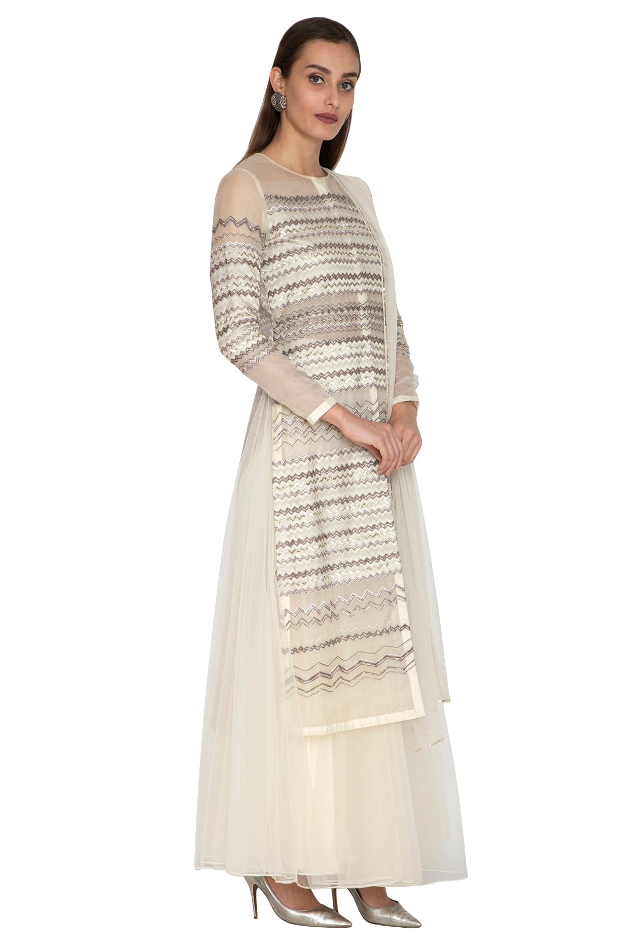 White Front Open Embroidered Kurta Set
