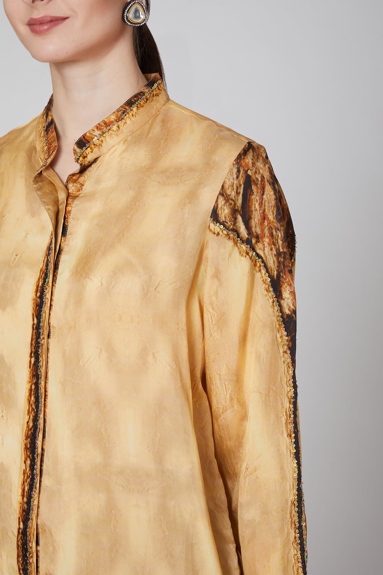 Gold Printed Tunic With Brown Pants