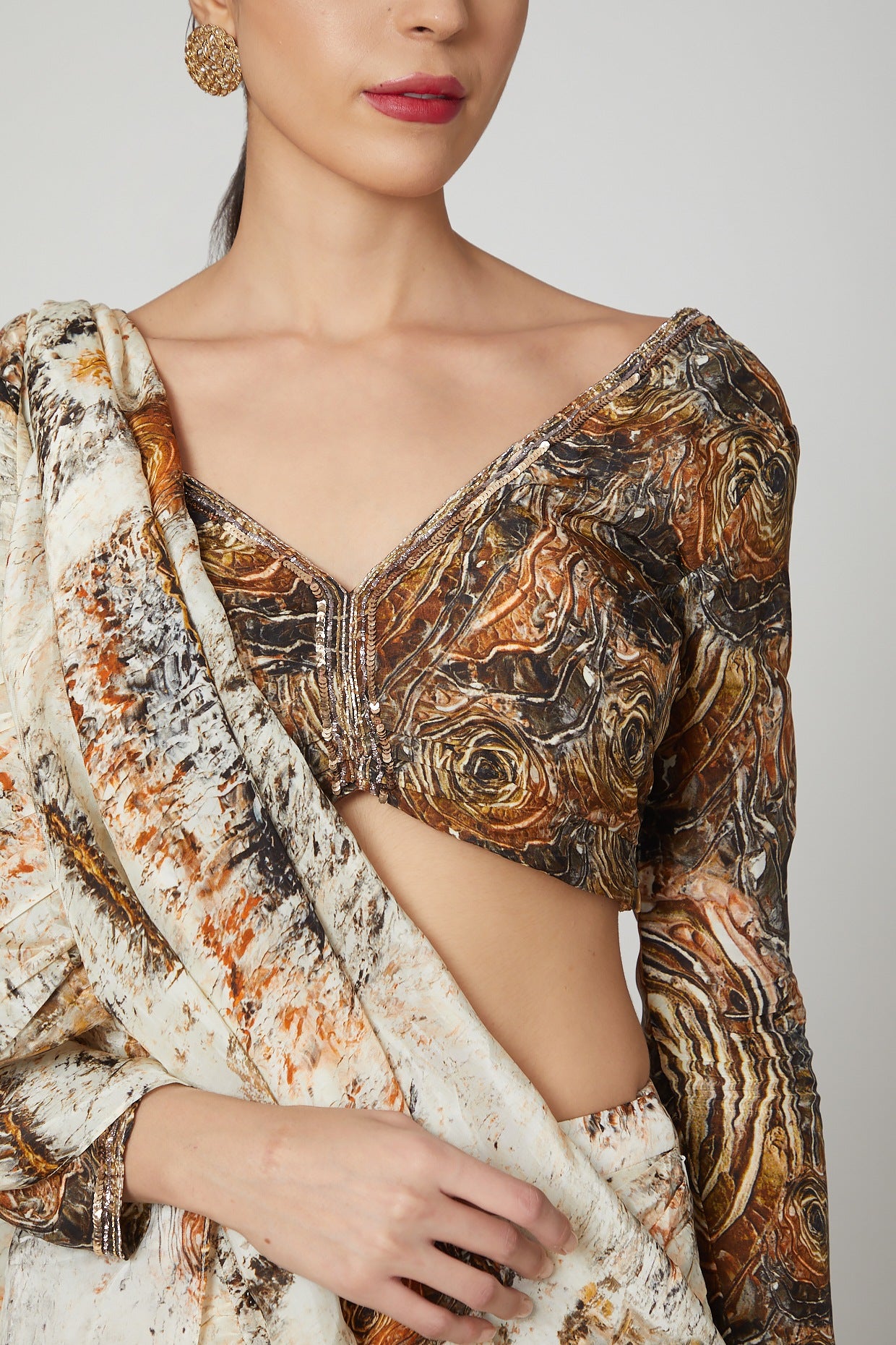 Brown & Beige Ruffled Saree Set